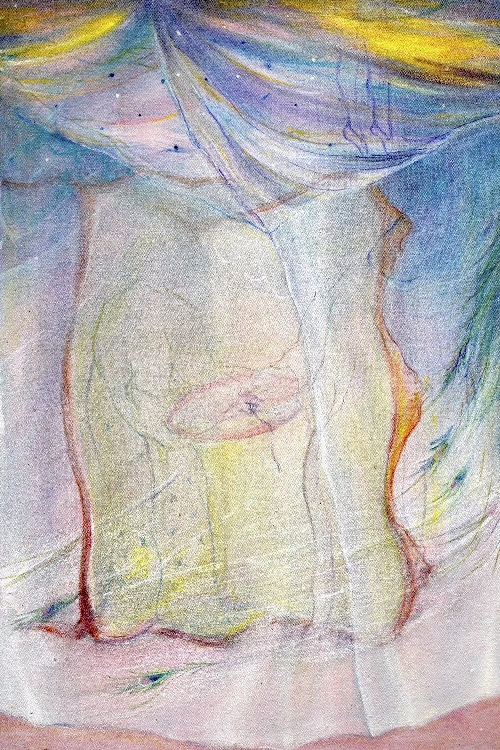 Disegno astratto con colori pastello, linee curve e dettagli delicati, che sembrano rappresentare un volto o un figura femminile stilizzata.