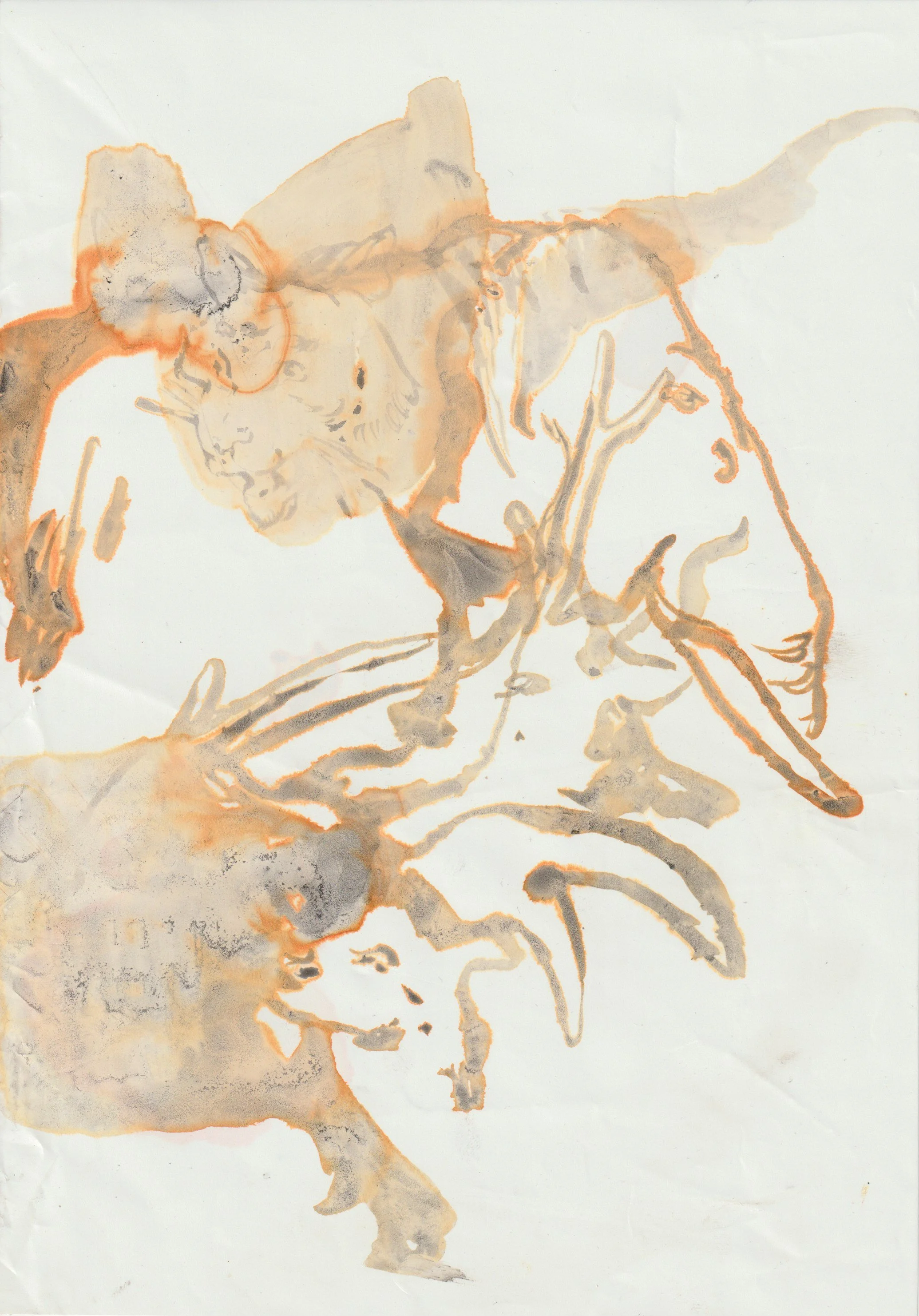 Una bozza artistica di un uomo con un animale, probabilmente un cane, realizzata con linee sottili e colori neutri.