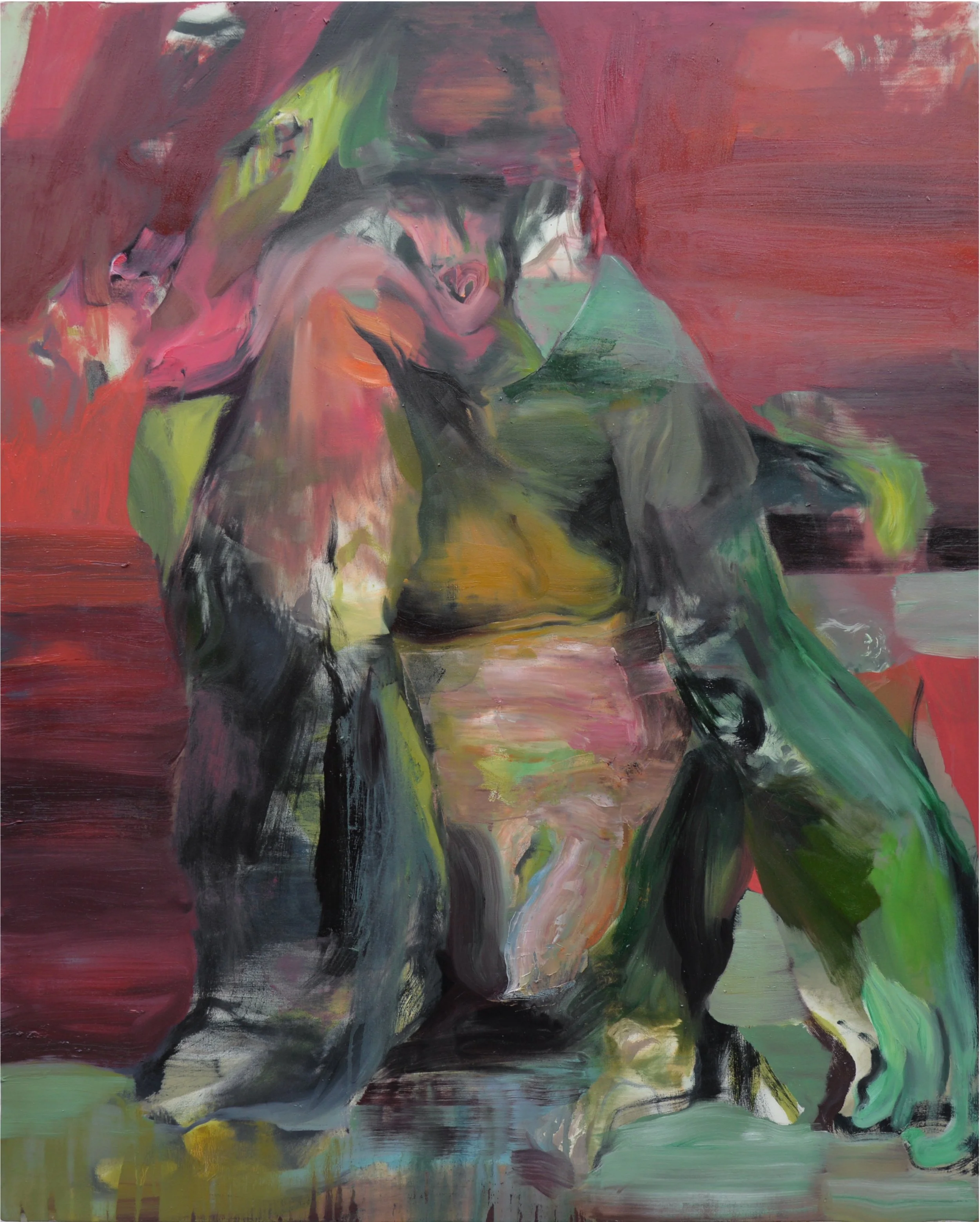 Dipinto astratto di figure umane e animali con colori vivaci e tratti sfumati.