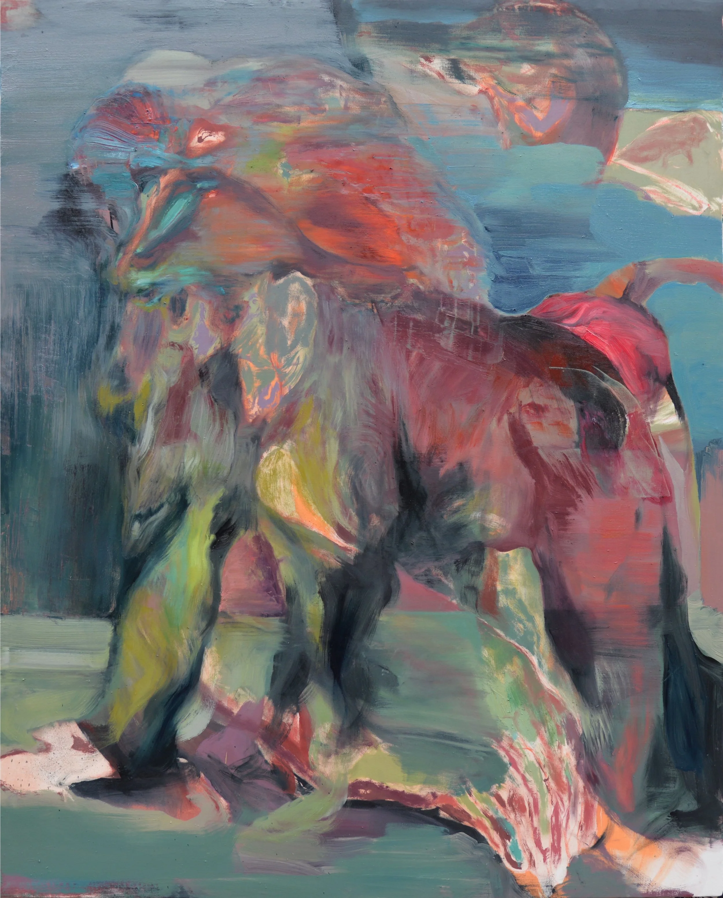 Dipinto astratto di due elefanti stilizzati in colori vivaci con pennellate larghe.