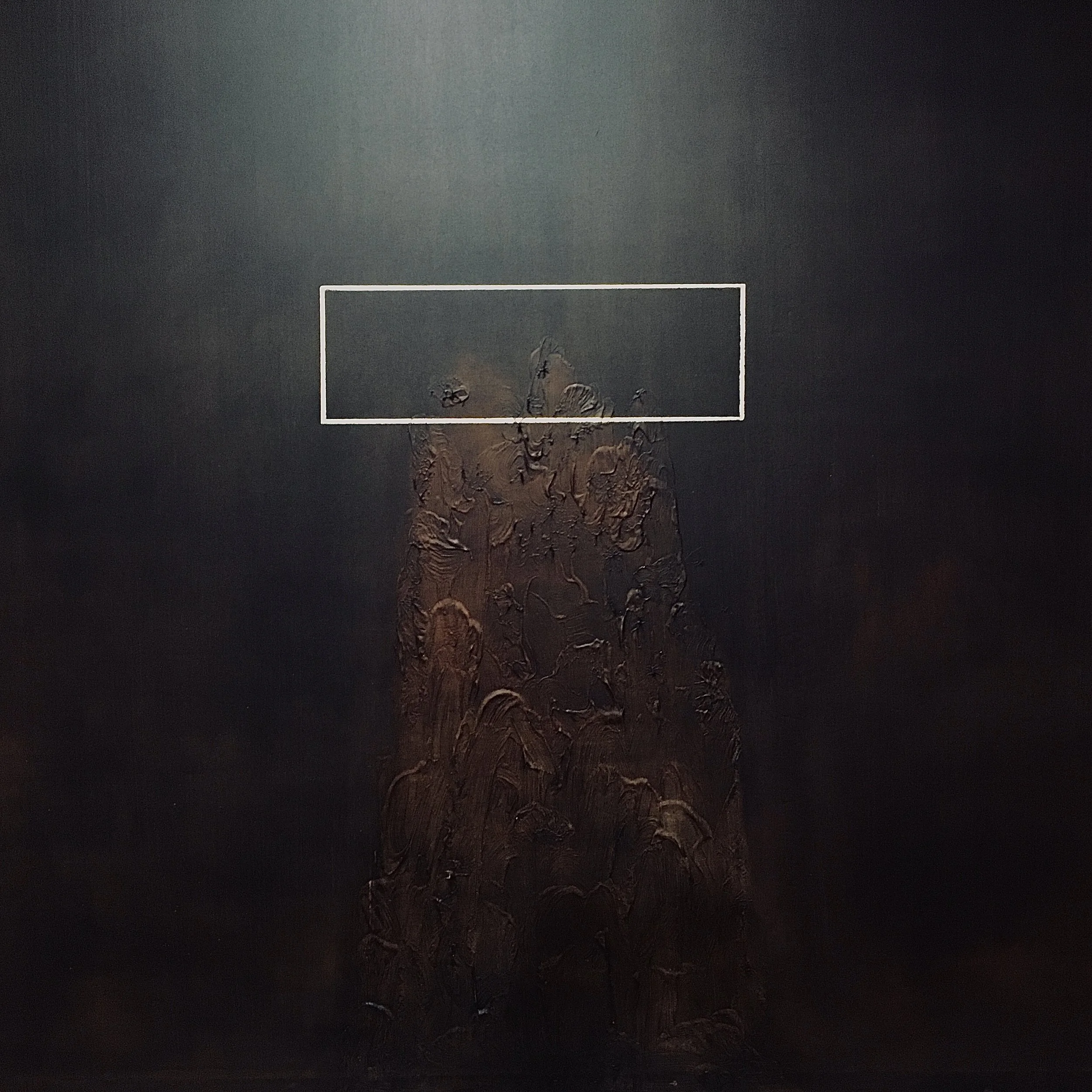 Una scultura di legno con texture complessa, su sfondo nero, con un rettangolo bianco sovrapposto sopra.