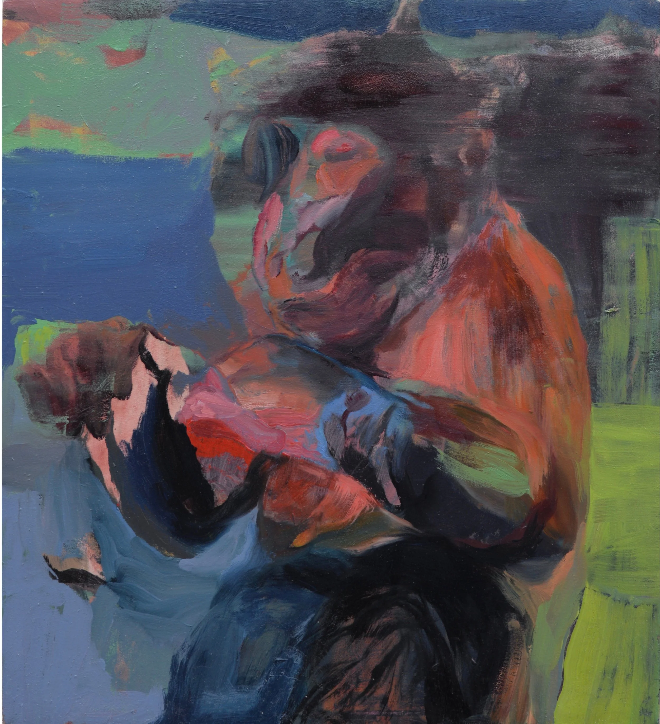 Dipinto astratto di una donna con cappello rosso, seduta con un cane al suo fianco, in stile impressionista.