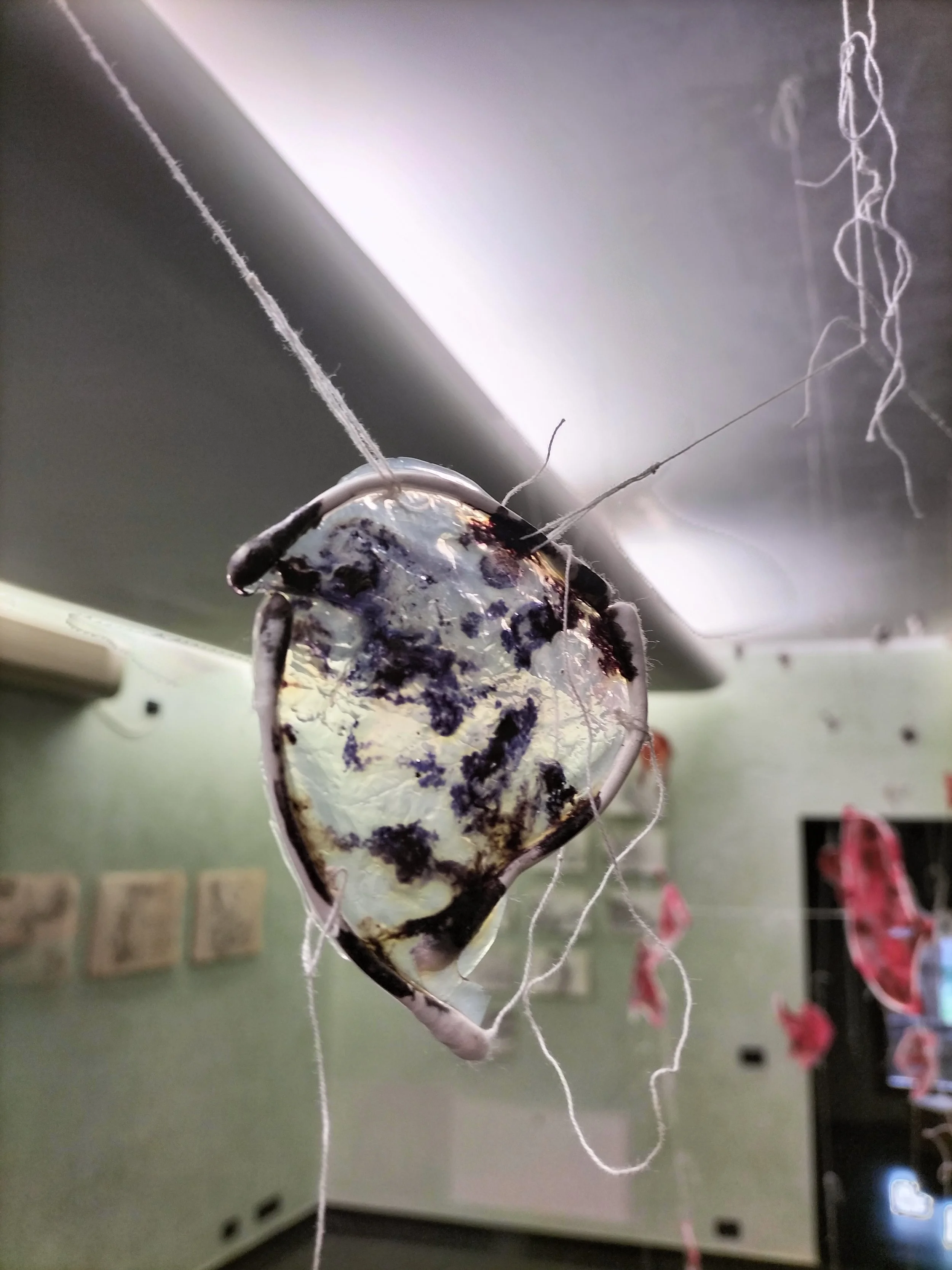 Una scultura di farfalla con ali trasparenti decorate con motivi neri, appesa a fili sottili.