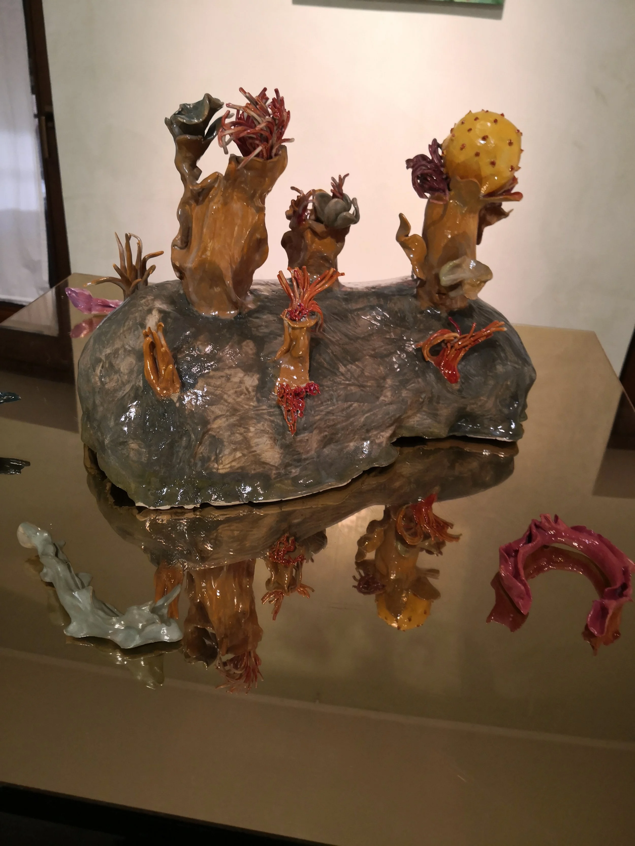 Scultura artistica di forme organiche e astratte, con elementi che ricordano piante o organismi marini, realizzata con un materiale lucido e colorato, posizionata su una superficie riflettente.