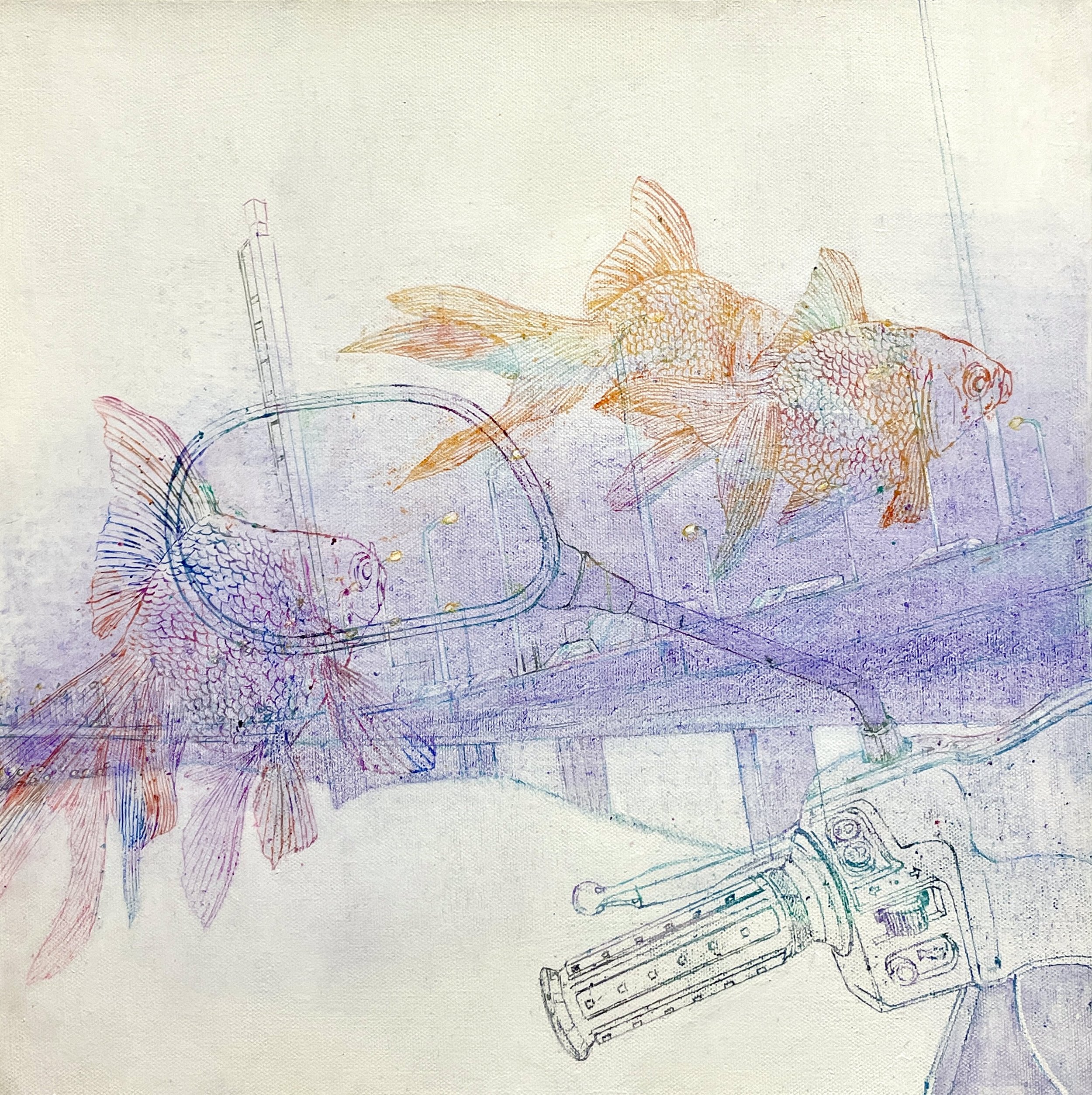 Schizzo di pesci colorati opposti a delle armi da fuoco, con linee di contorno sottili e sfumature pastello, stile artistico.