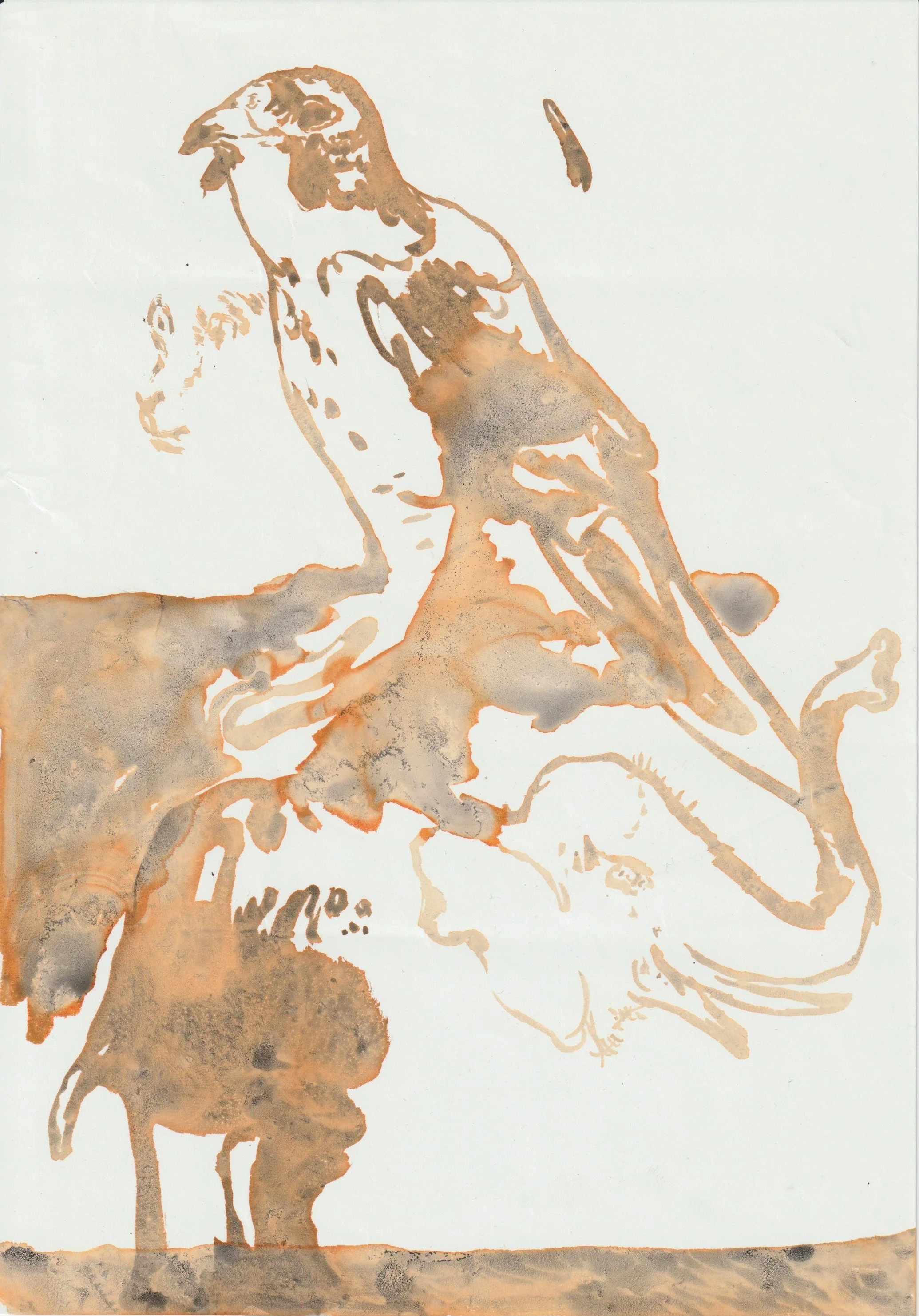 Disegno di un cane con il collo piegato, realizzato con schizzi di colore marrone e sfumature.