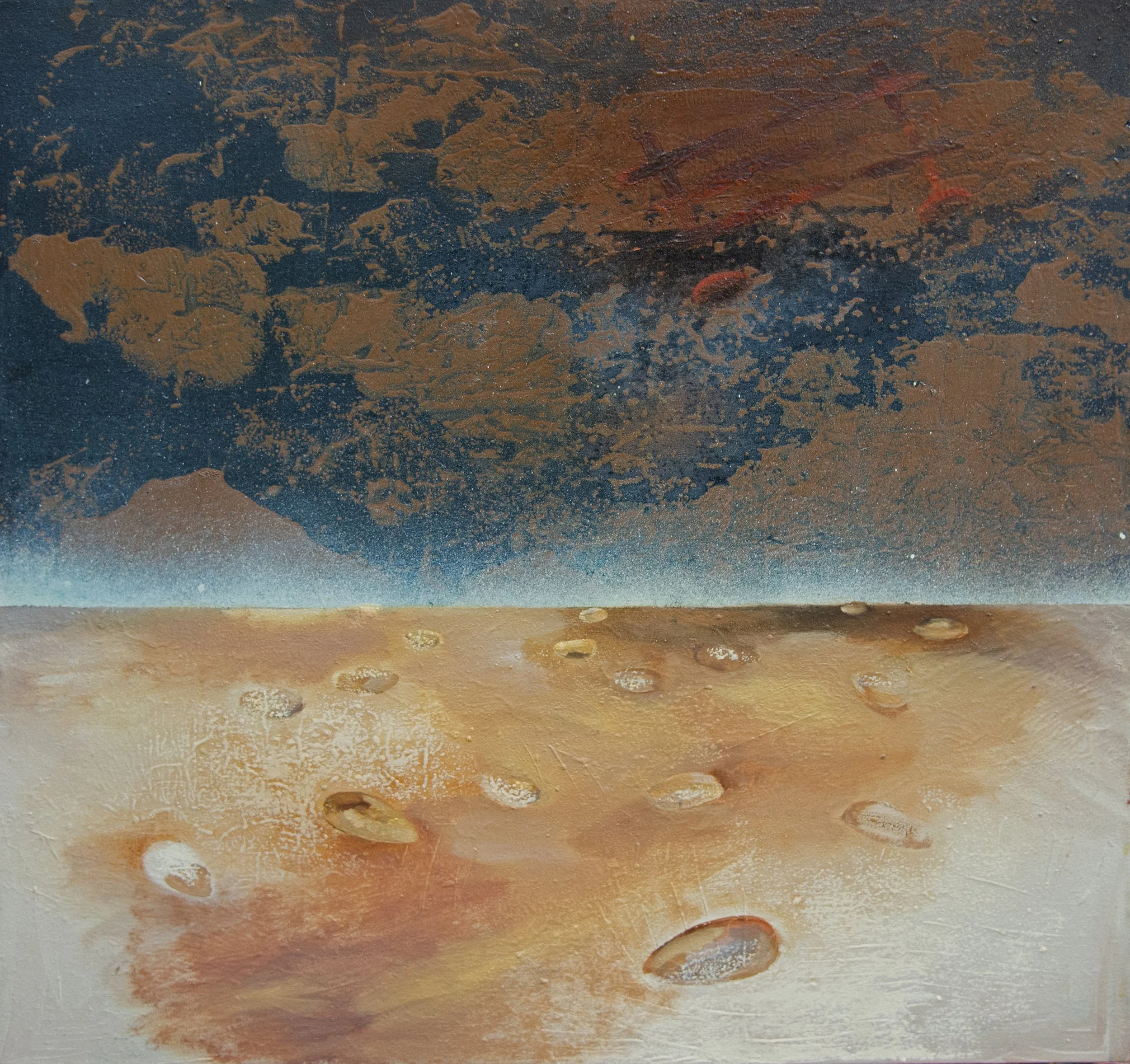 Un paesaggio artistico con un cielo nuvoloso e un paesaggio desertico con crateri sulla superficie, in stile astratto.