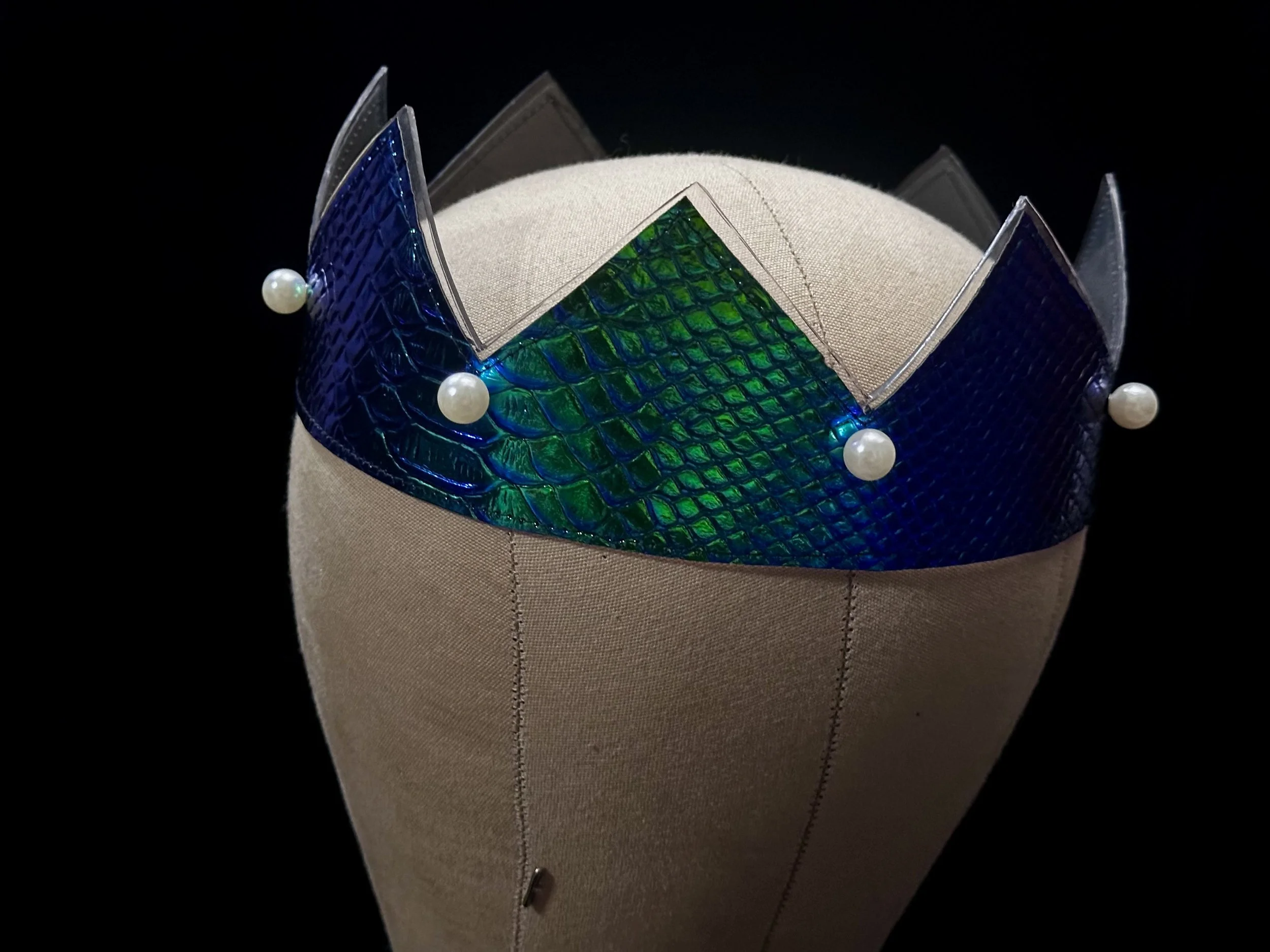 holographic mermaid vinyl pearl stud crown with black stitching