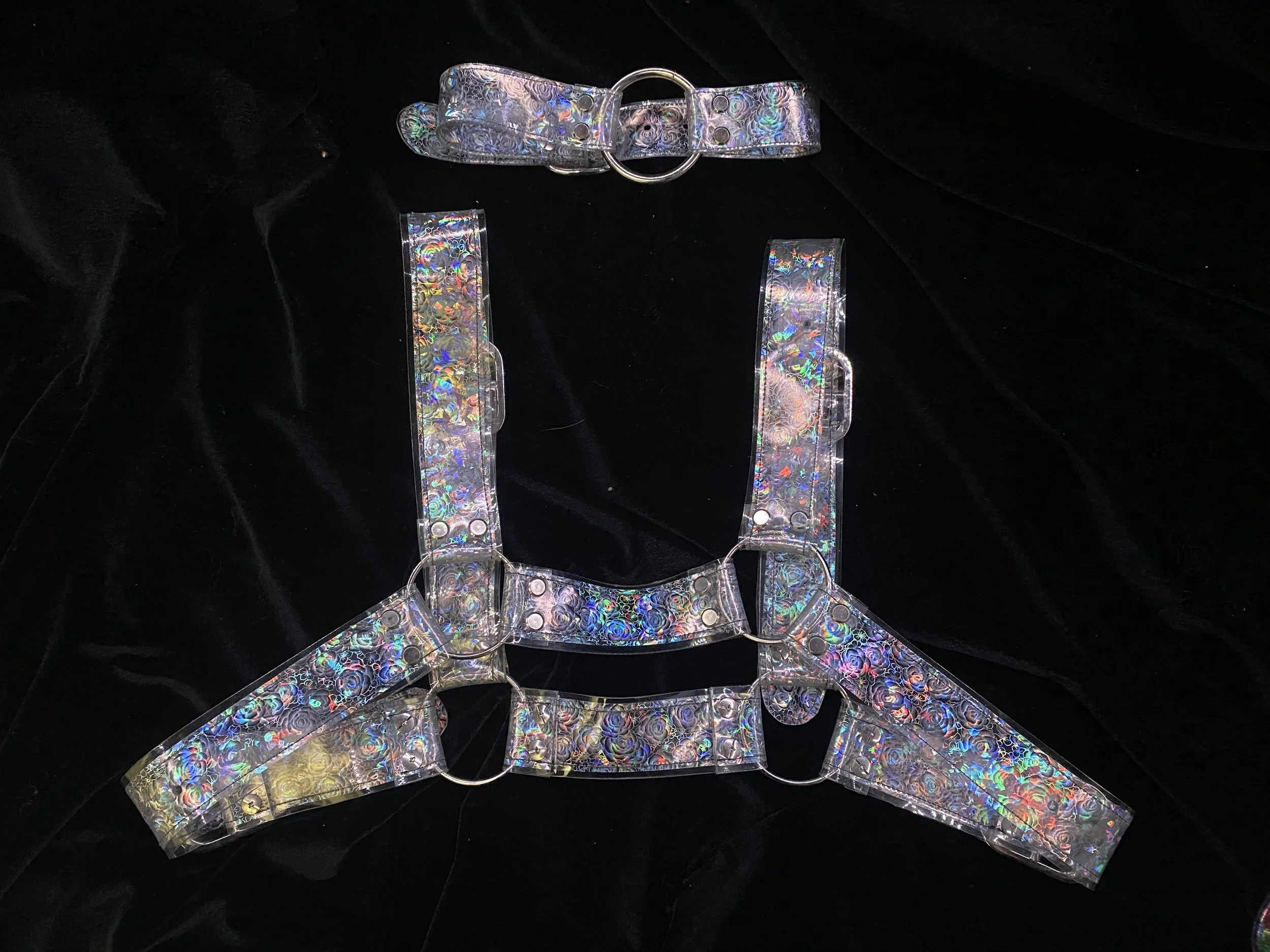 Holographic vinyl Rose chest harness and matching o-ring collar