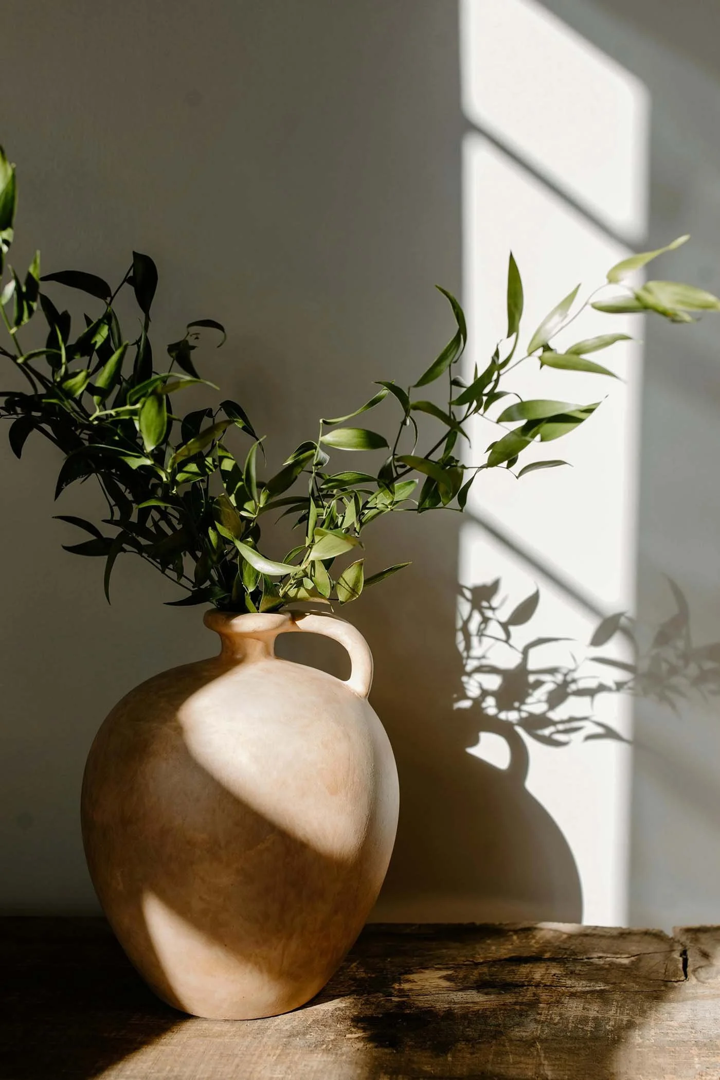 Ceramic vase with green branches in a sunlit therapy office.