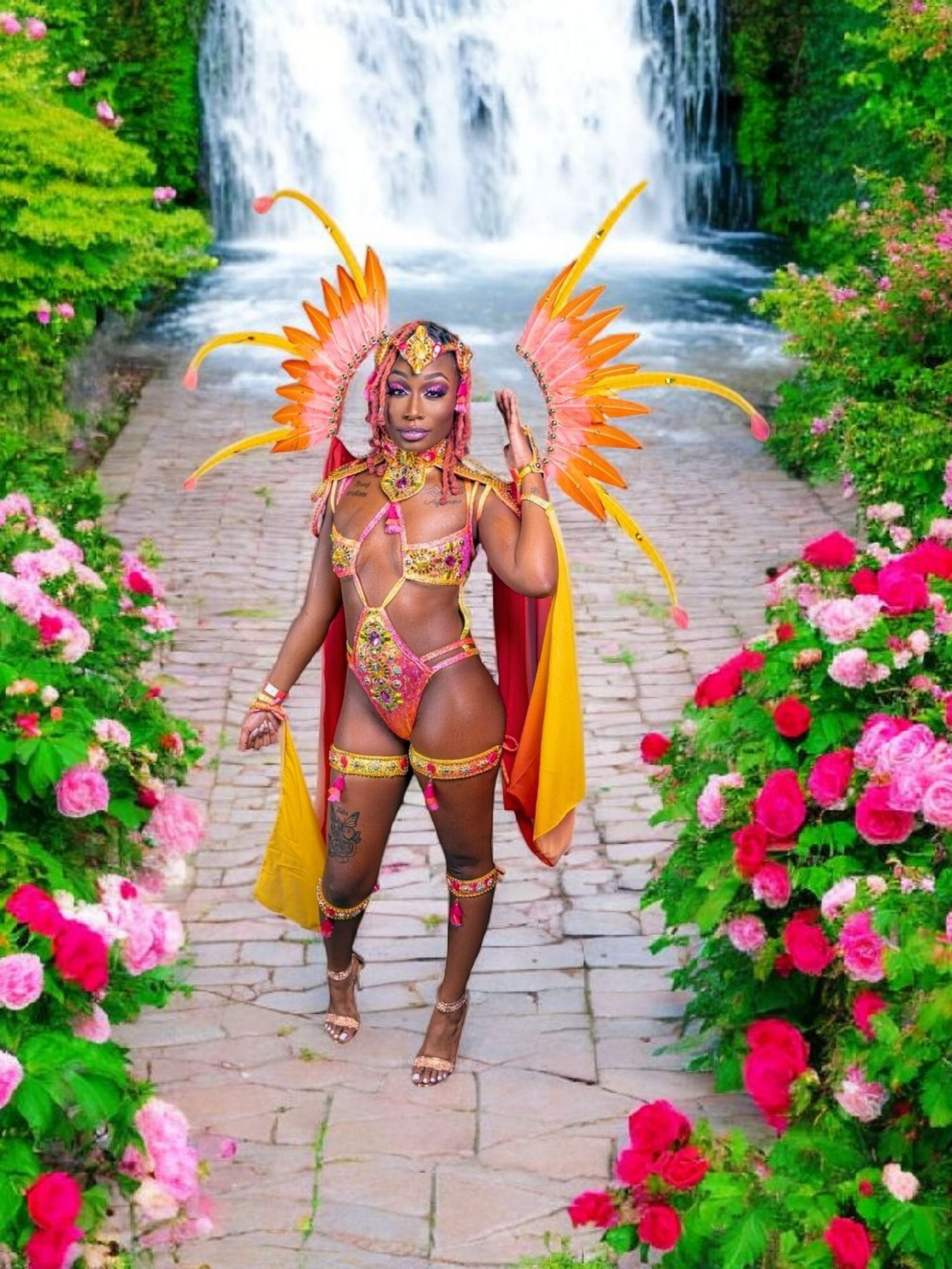 A person dressed in a colorful, elaborate costume with butterfly-like wings, standing on a stone path surrounded by vibrant pink flowers with a waterfall in the background.