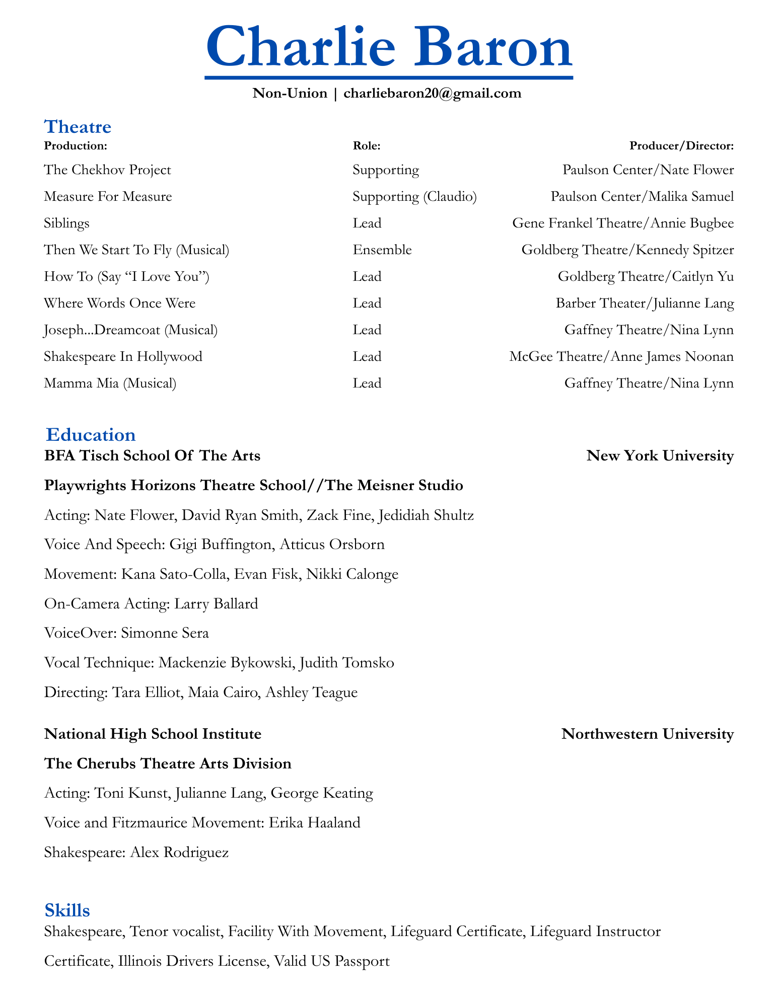 A resume for Charlie Baron with sections for theatre, education, and skills, including various theatrical productions and educational background.