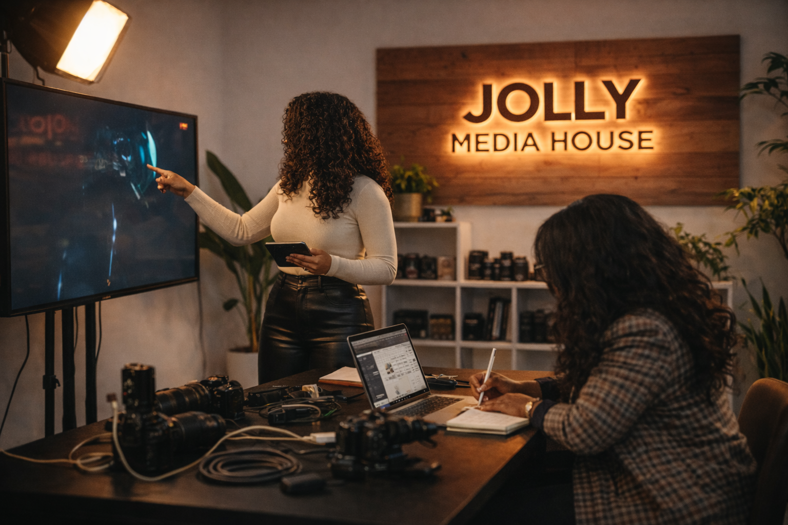 Two women working in a media office, one standing and pointing at a large screen, the other sitting at a table with a laptop and notebook, with shelves and a sign that says 'JOLLY MEDIA HOUSE' in the background.