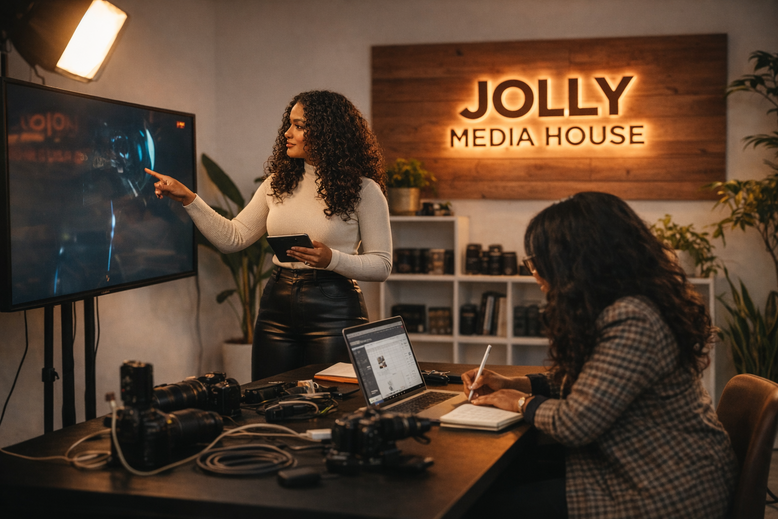 Two women in a media production studio, one standing and pointing at a screen, the other sitting and taking notes, with cameras and laptops on the table, and a illuminated 'JOLLY MEDIA HOUSE' sign on the wall.
