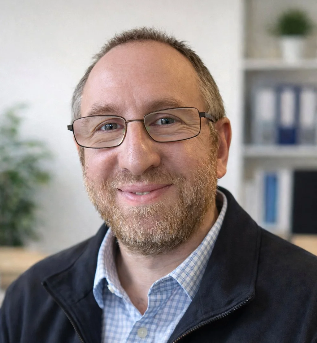 A middle-aged man with glasses, a beard, and short hair smiling in an indoor setting with bookshelves and a potted plant in the background.