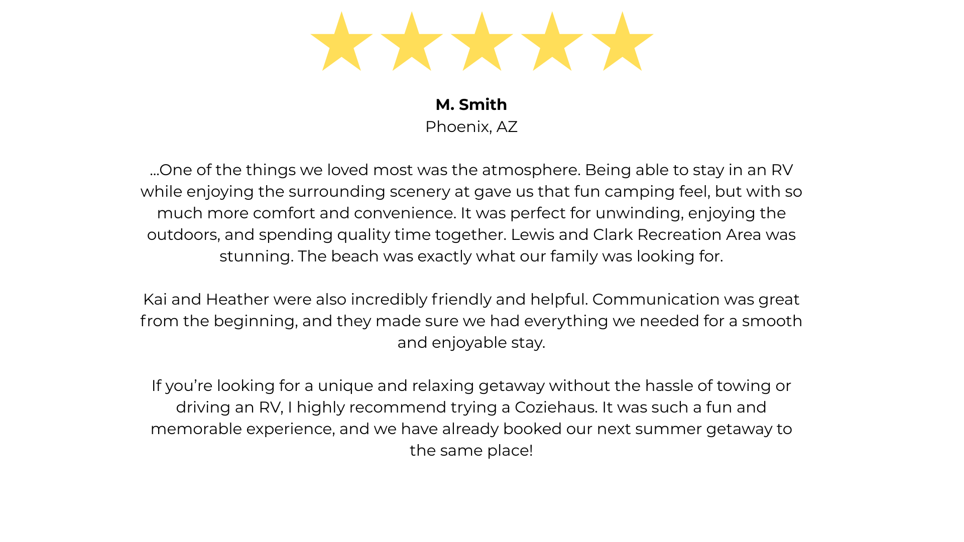 Five gold stars at the top of a review with the name M. Smith, from Phoenix, AZ, and a positive feedback about camping and outdoor experience in an RV park, mentioning friendly staff and a relaxing getaway.