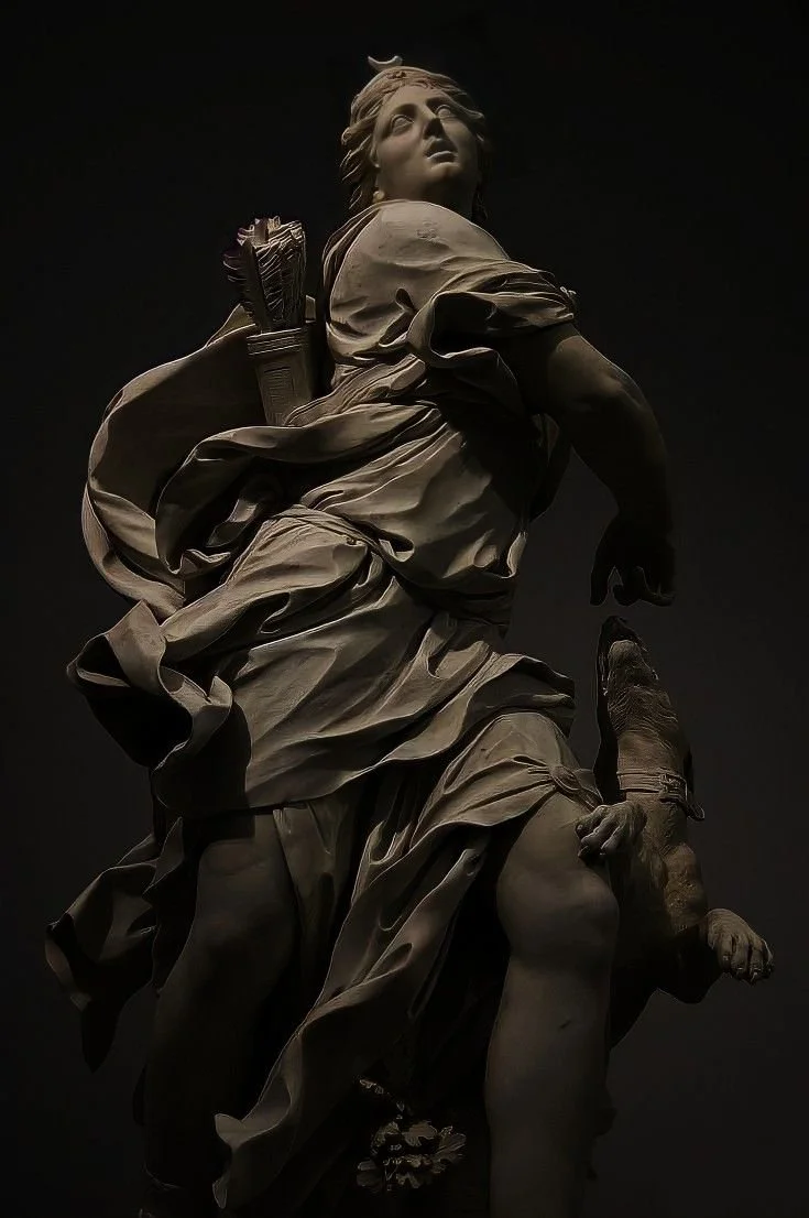 A detailed sculpture of a woman with a flowing dress, carrying a quiver and bow, with a lion cub at her side, against a dark background.