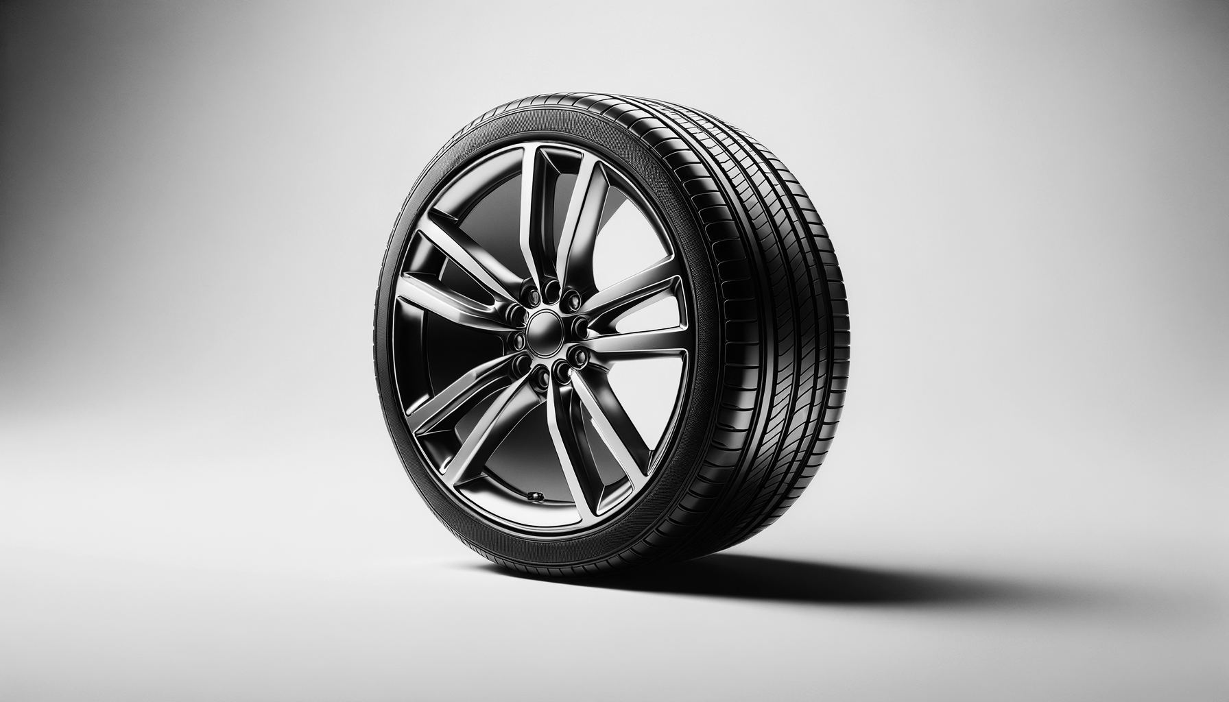A car wheel with a black alloy rim and a tire, set against a plain gray background.