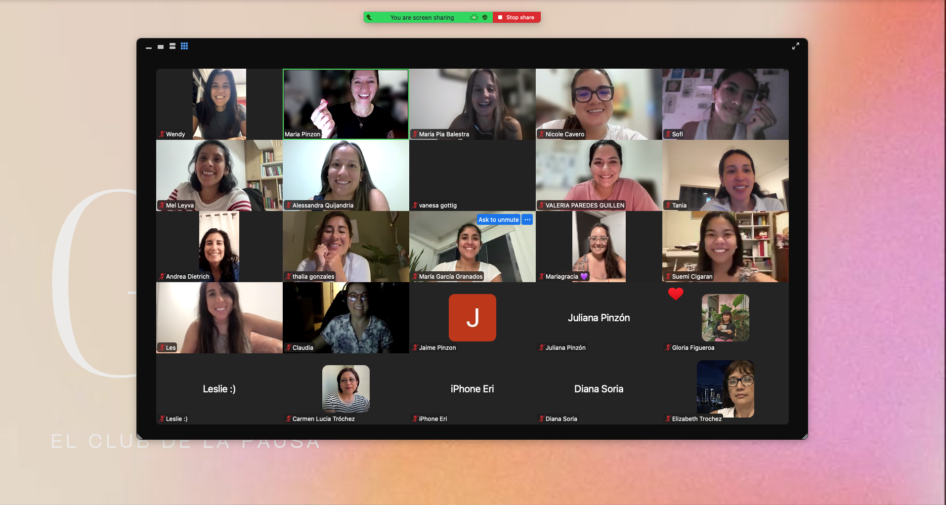 Screenshot of a virtual Zoom meeting with multiple women and some participants' icons, smiling and engaging in the call, with a pink and beige background.