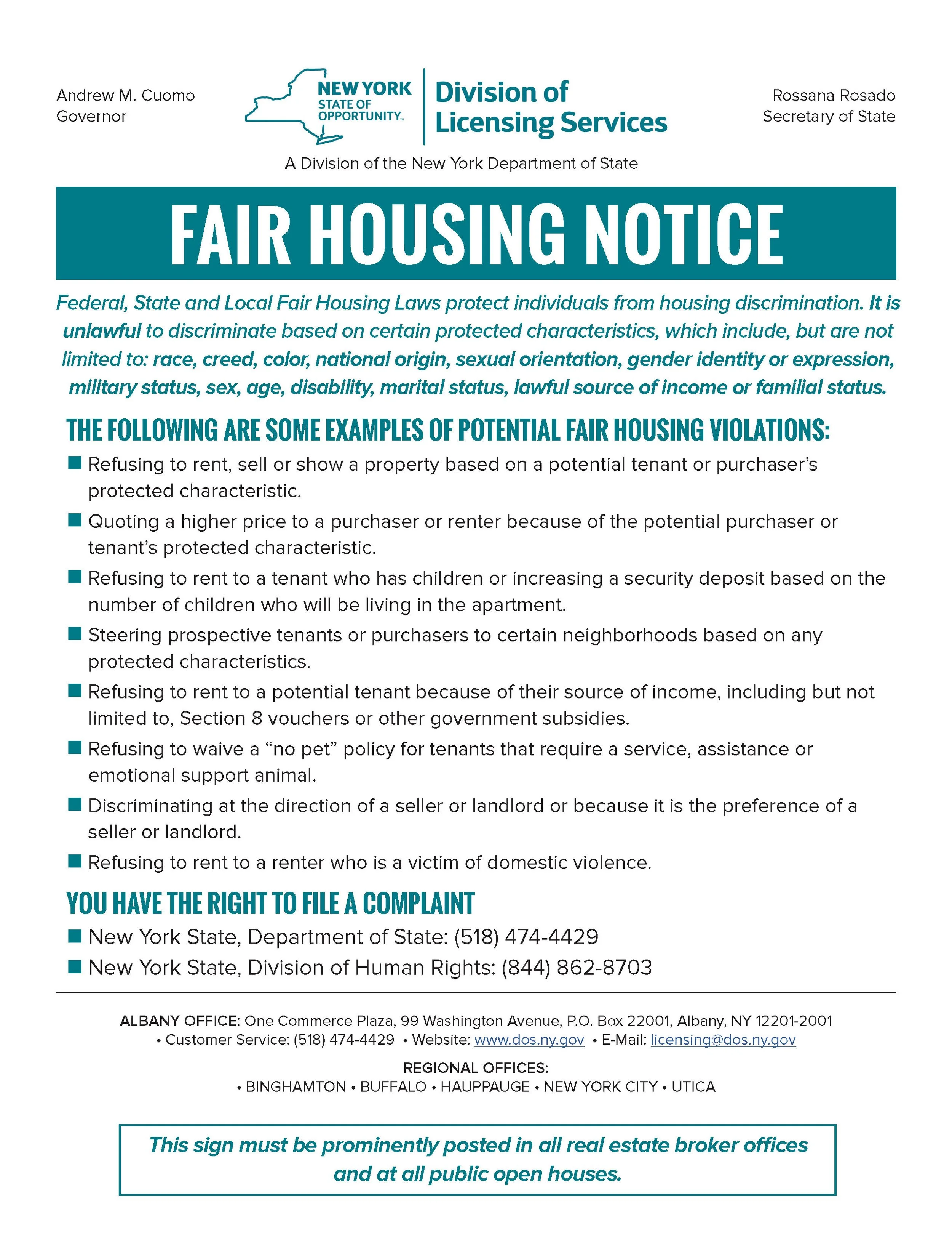 City of Albany and New York State Division of Licensing Services Fair Housing Notice about fair housing laws and violations, with contact information and regional offices.
