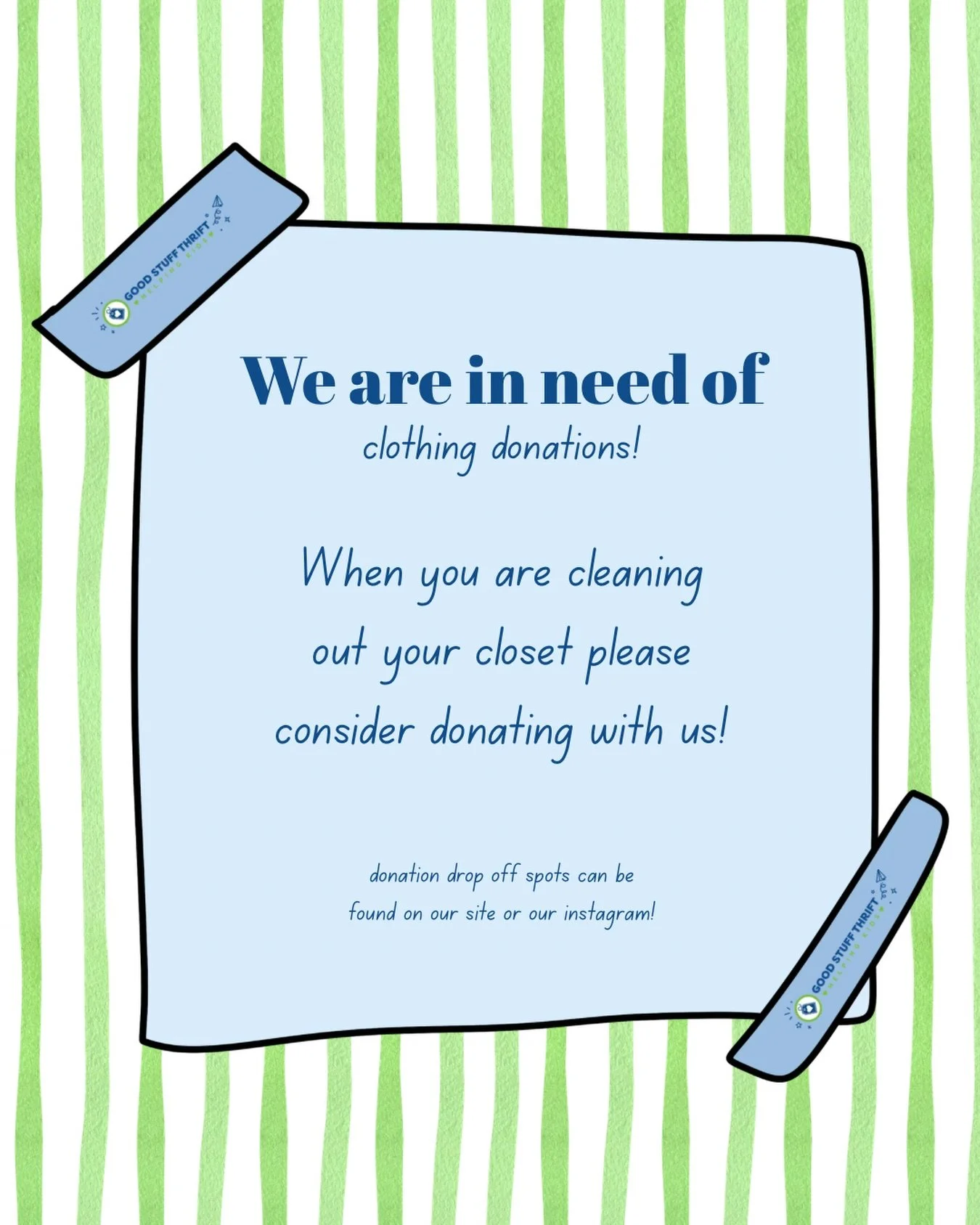 We are in need of clothing donations! Please help support us and our mission by donating your clothes with us!!