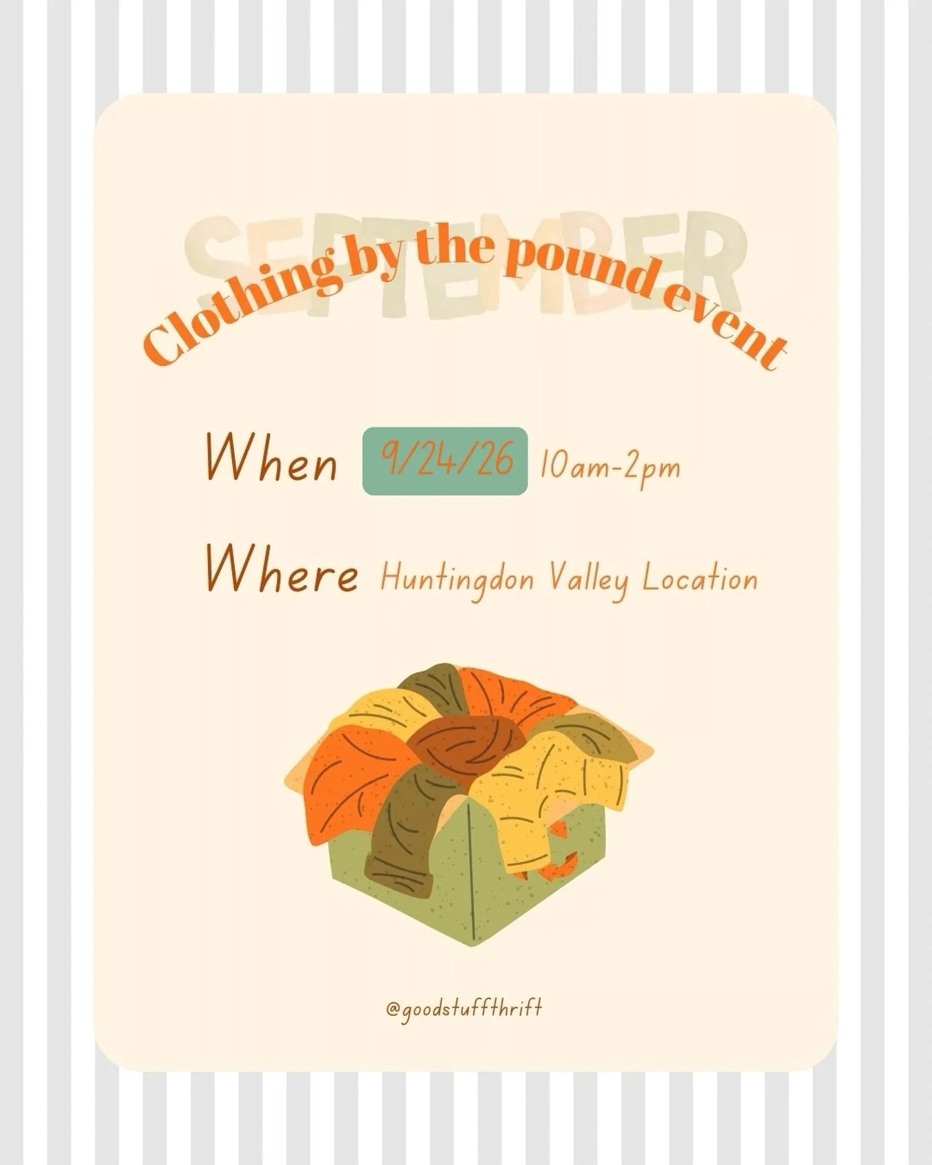 IMPORTANT UPDATE!! Our clothing by the pound event has been moved to this Thursday the 24th!! It will still be at our Huntingdon Valley location from 10am-2pm!!