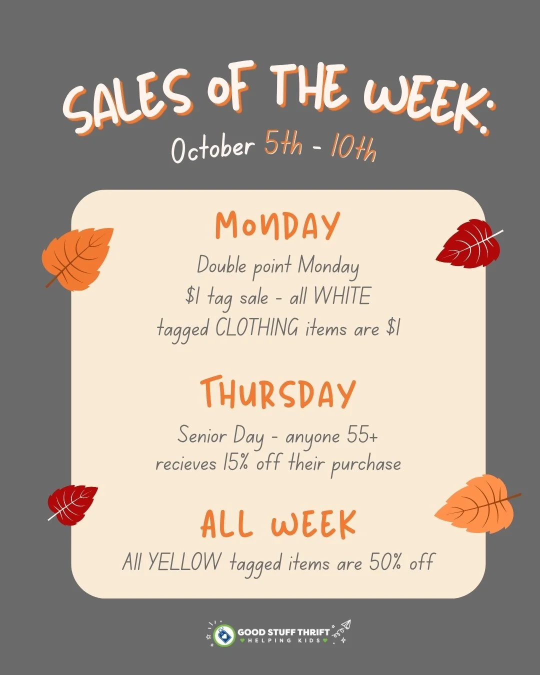 A new month and lots of exciting sales at Good Stuff! We are excited to see what you can find this week! Happy thrifting!

#thrift #buckscounty #nonprofit #sales