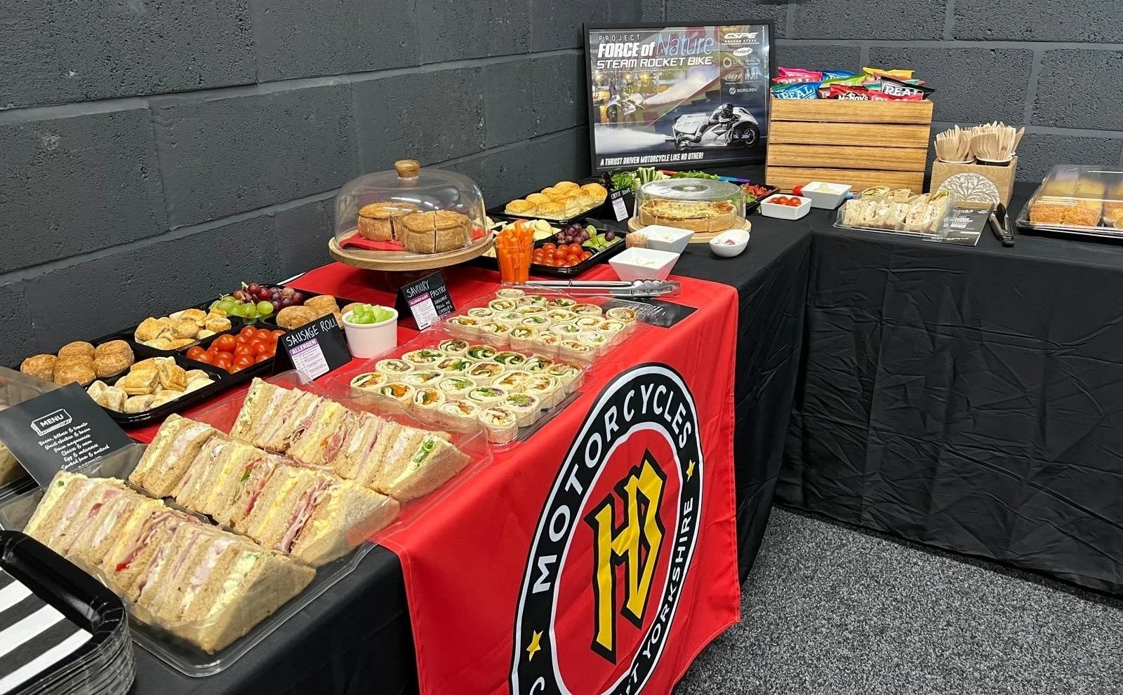 Photo of a buffet with an HB Motorcycles table runner