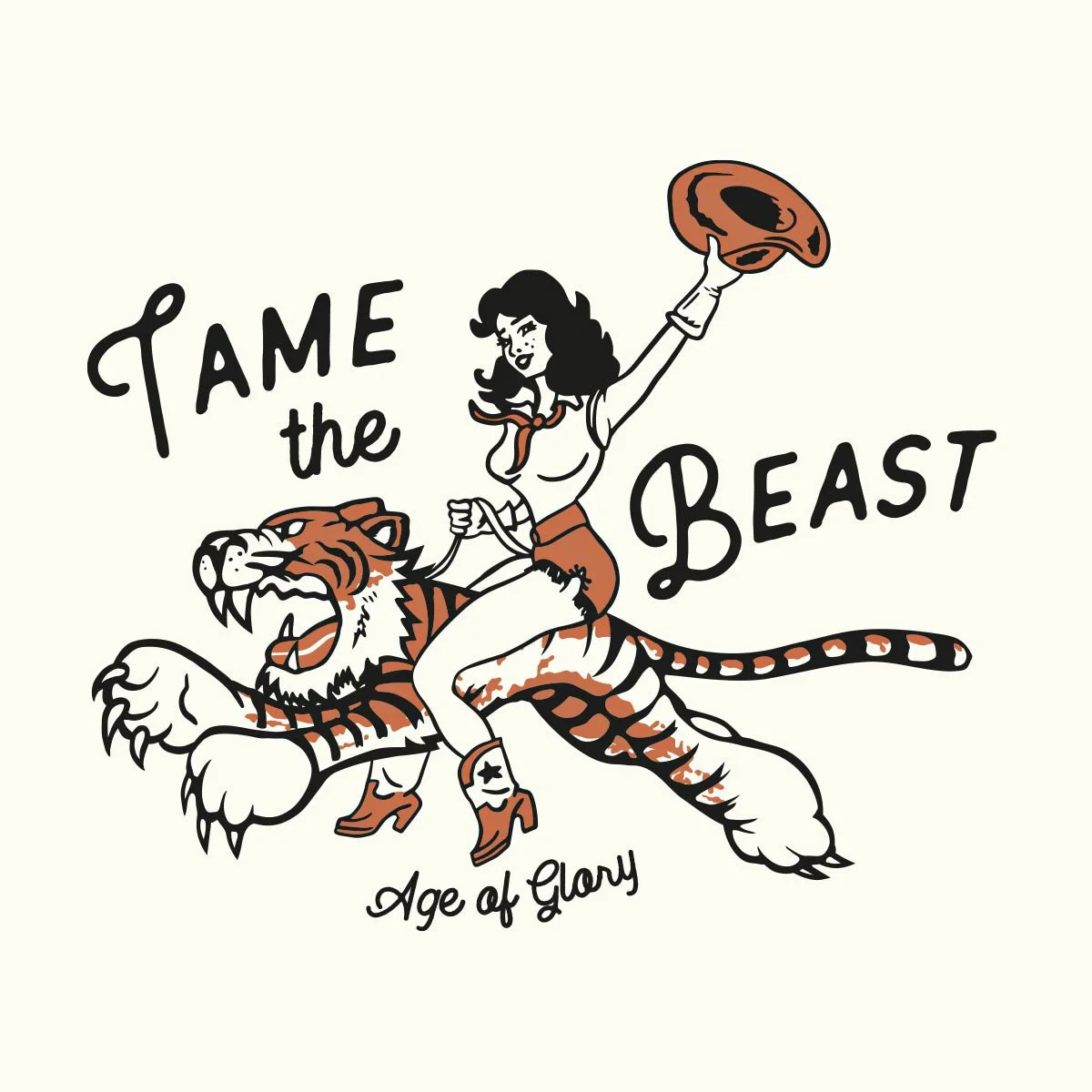 Close-up picture of an Age of Glory t-shirt print saying "Tame The Beast" and featuring a cowgirl riding a tiger