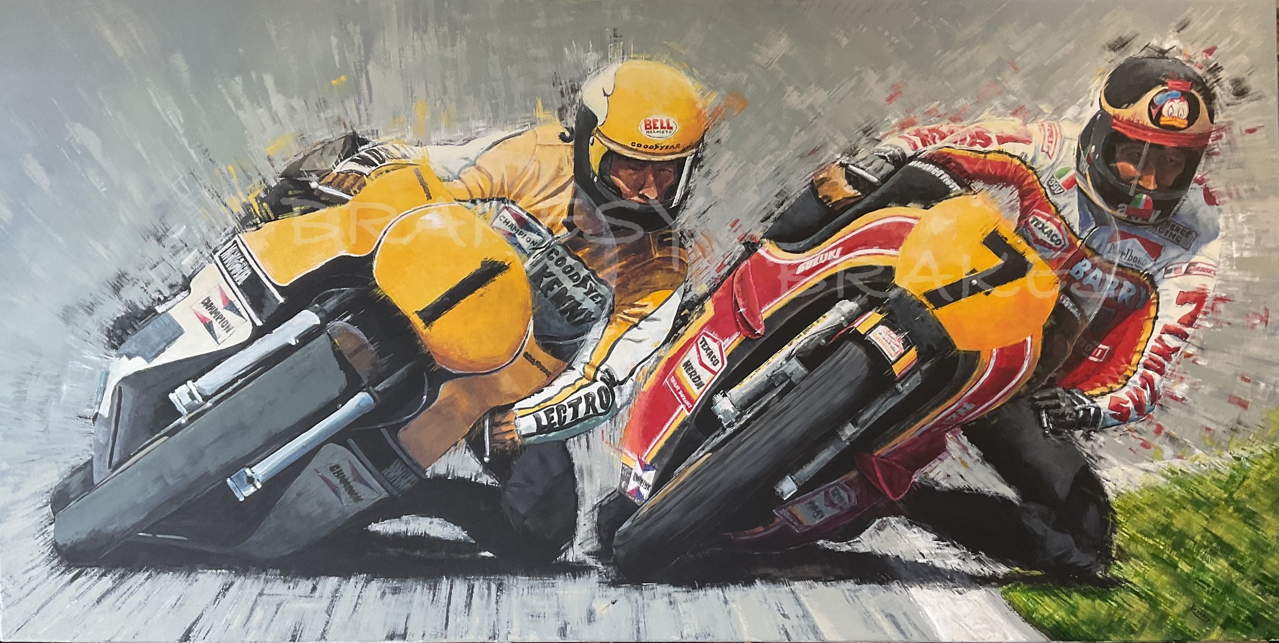 Assen 78 - a painting of Kenny Roberts and Barry Sheene racing each other on a Yamaha and Suzuki respectively