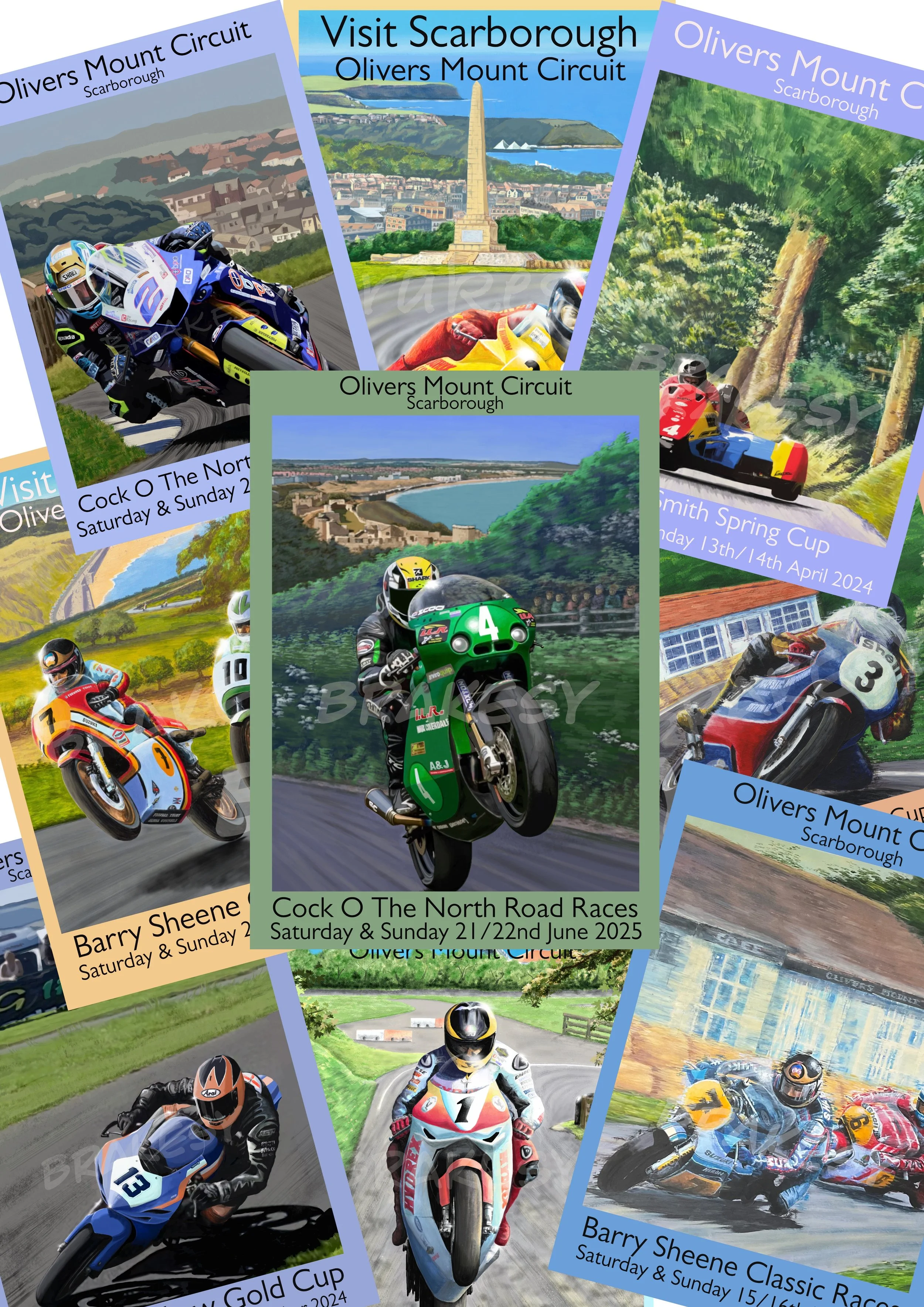 A selection of Oliver's Mount event posters designed by Brakesy, all featuring painted images of riders who have raced at the circuit