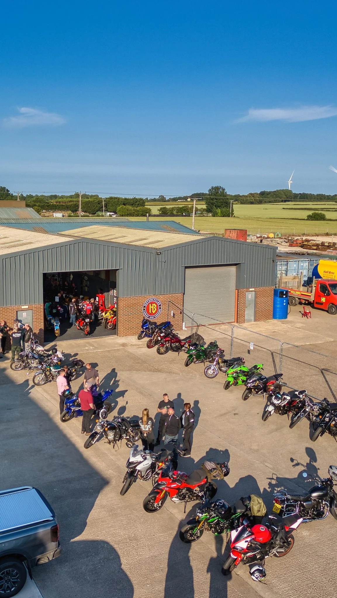 Aerial view of HB Motorcycles' bike park on a sunny day