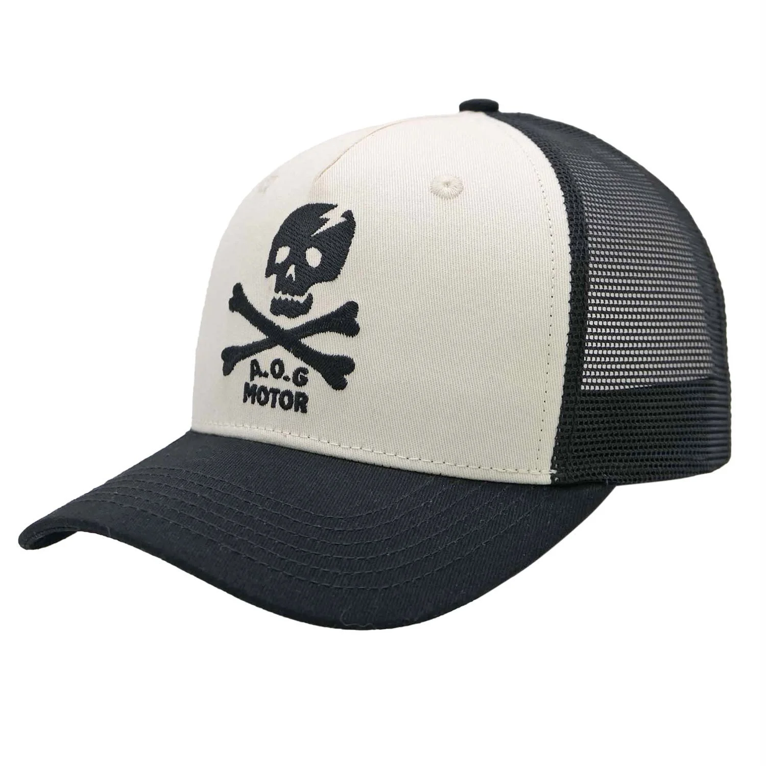 Photo of an Age of Glory trucker hat with skull and crossbones motif