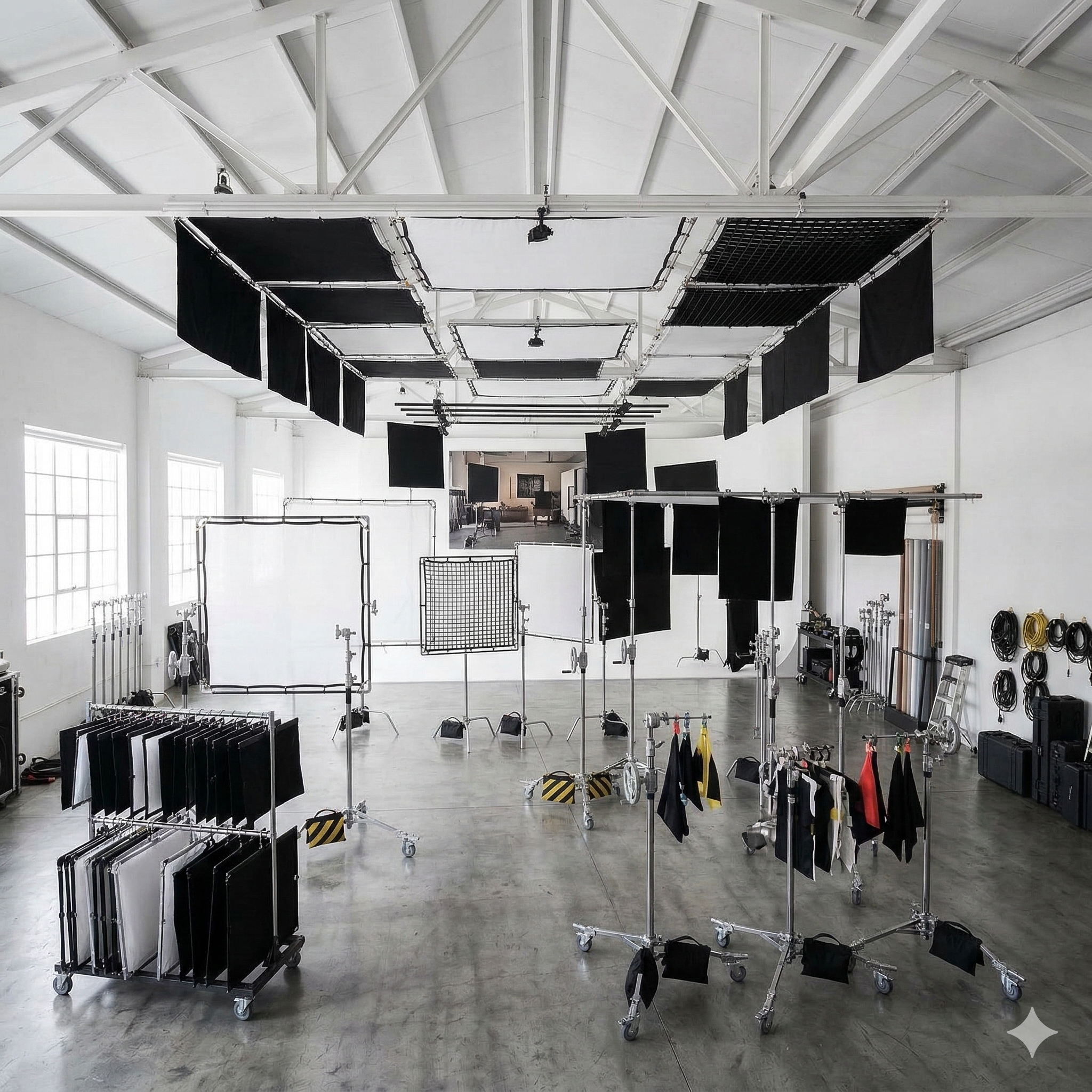 Bundled grip package including stands, frames, flags, fabrics, apple boxes, sandbags, and full distro at Sterling Studio, Toronto.