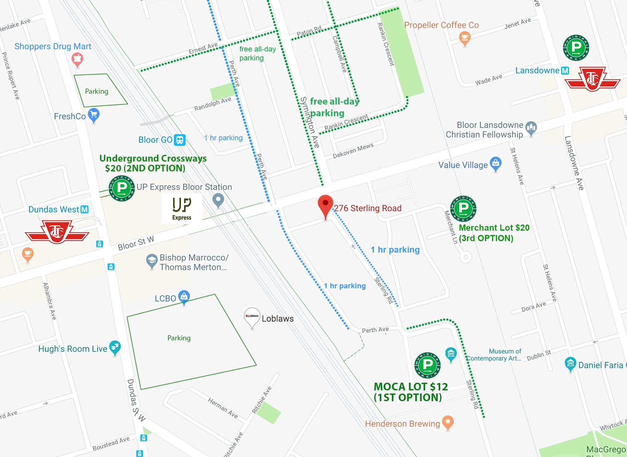 Parking map and nearby parking options for Sterling Studio in Toronto's Lower Junction, near Bloor and Lansdowne.