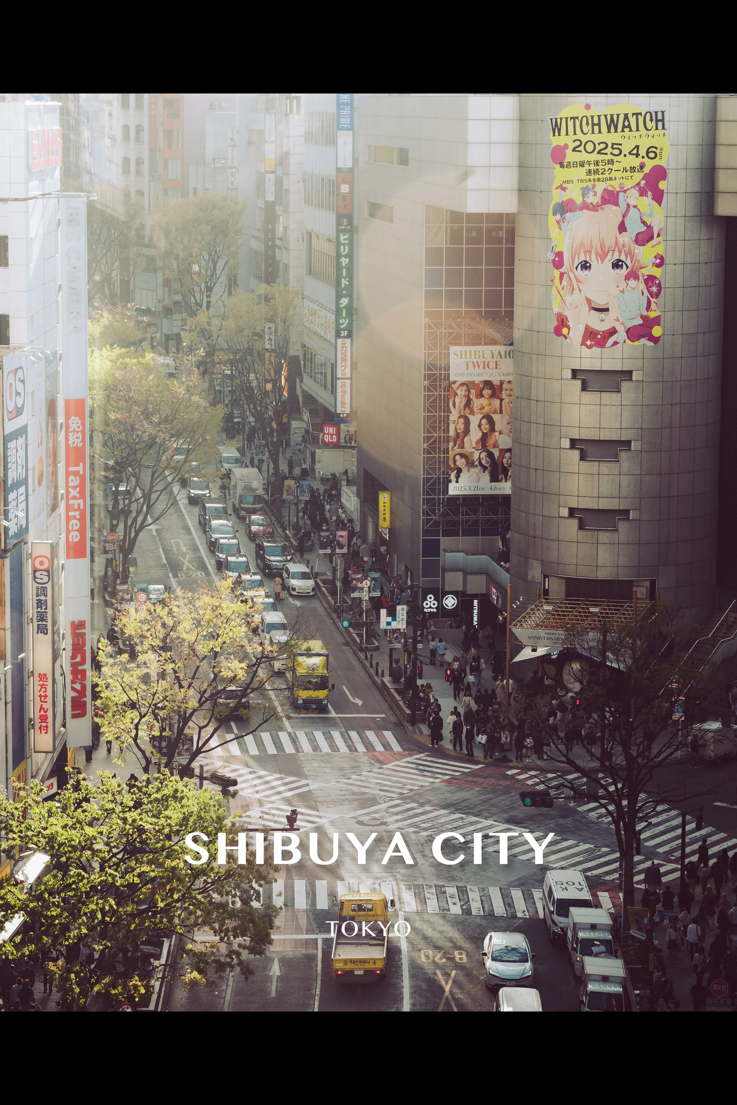 A busy street scene in Shibuya City, Tokyo, Japan, showing pedestrians crossing the street, tall buildings with colorful signs and advertisements, and trees lining the street.