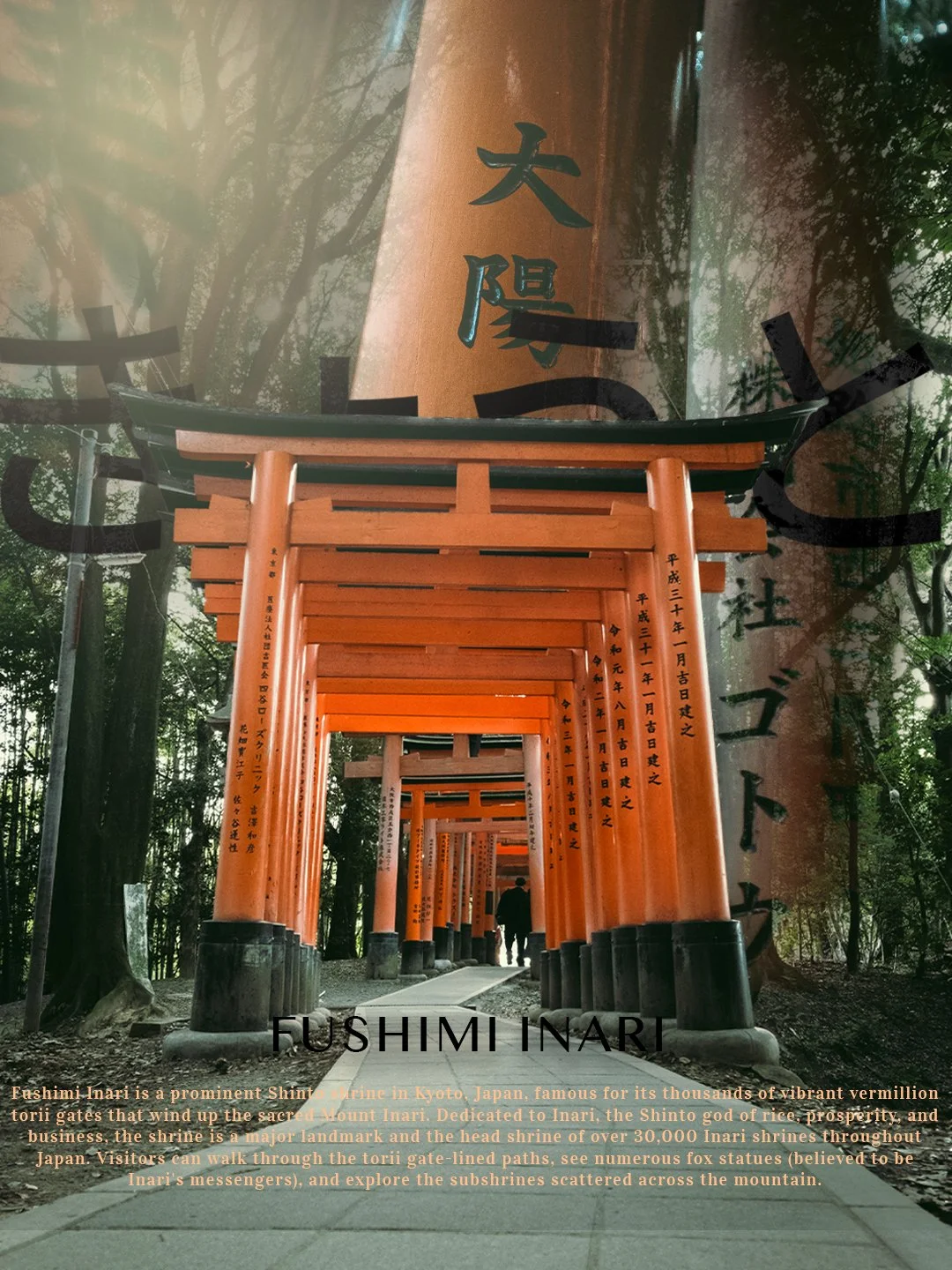 Dive deep within Fushimi Inari. An area full of treasured history and divine wellbeing that ignites the soul as you walk through the gorgeous tori gates. 

I decided to try some graphic designing with my Japan photos and since it's a new learning exp