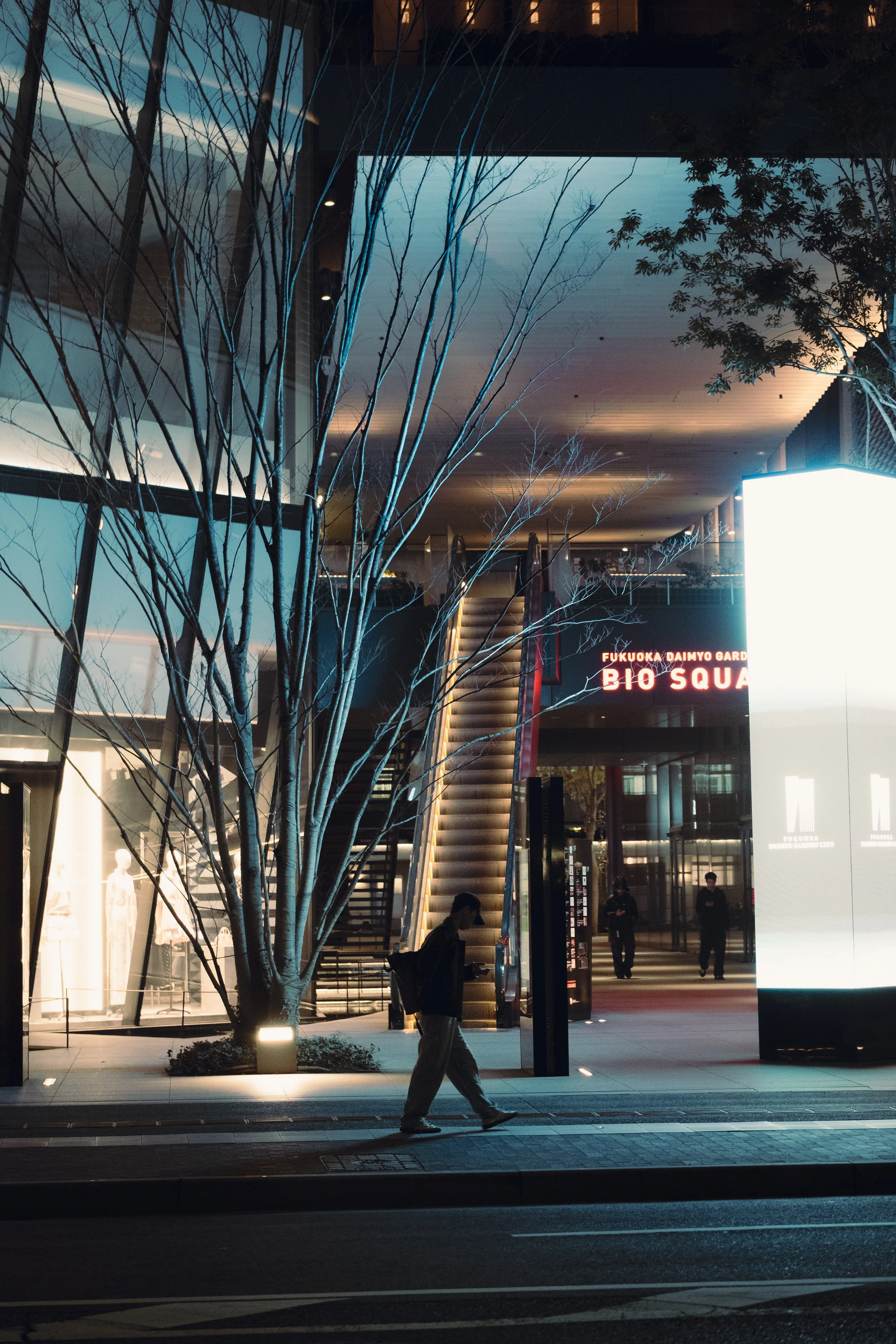 A nighttime street scene outside a modern shopping mall with a person walking on the sidewalk. The mall features illuminated signs, glass storefronts, and a staircase leading to the entrance. There are a few other people visible in the background nea