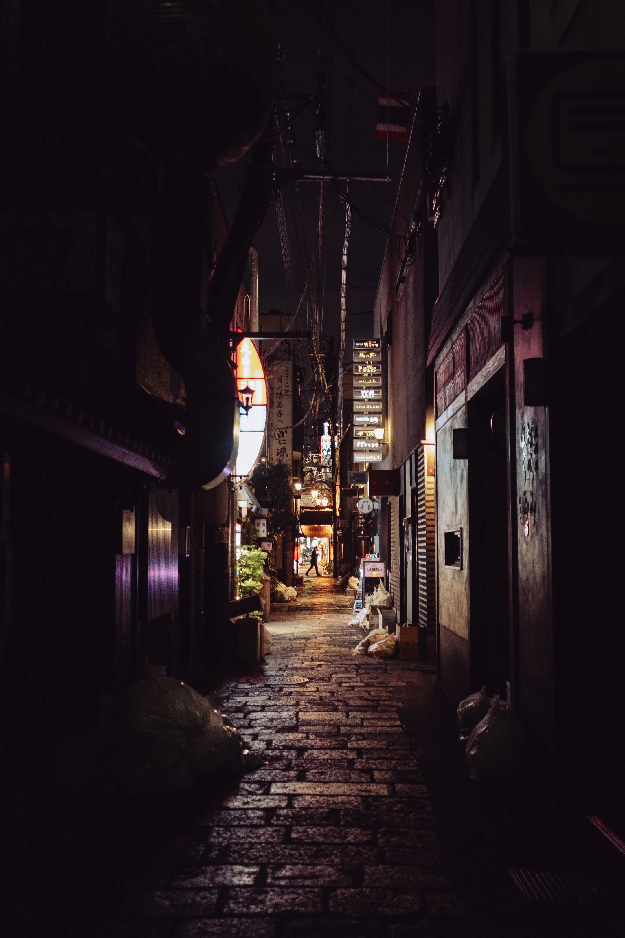 A narrow alleyway illuminated by street and shop signs at night, with a person walking in the distance.