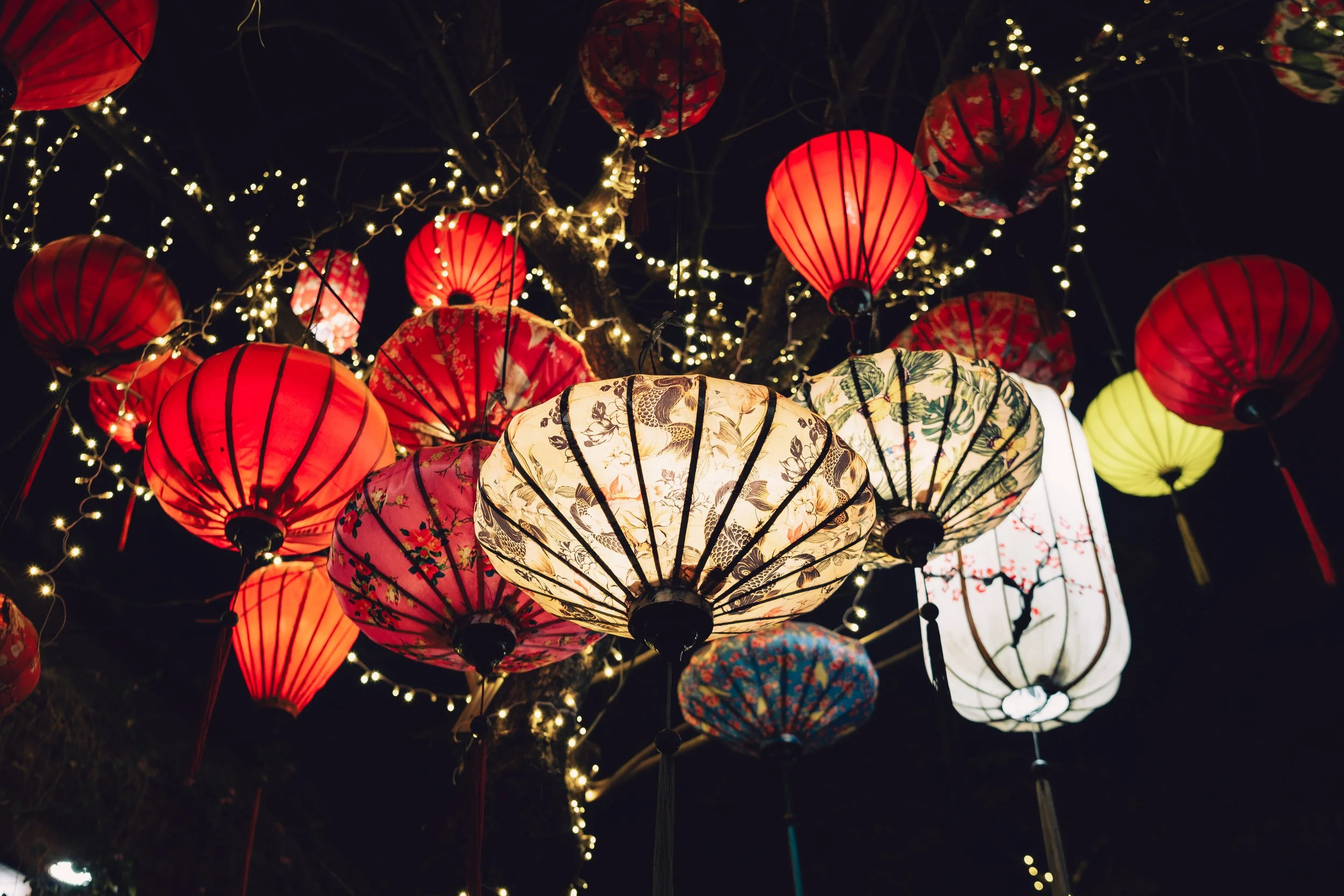 Colorful illuminated lanterns hanging from a tree at night, decorated with small string lights.