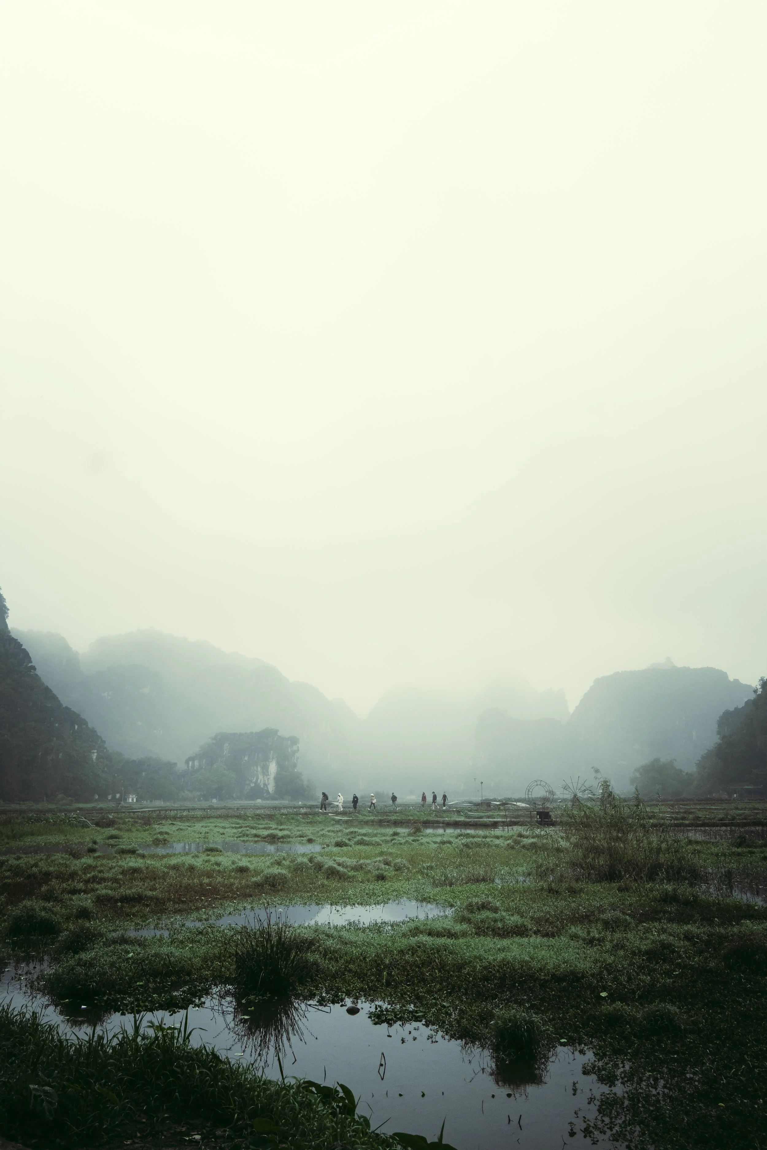 A hazy landscape featuring a flat wetland with patches of grass and small water pools, flanked by distant karst mountains, with a group of people walking across the horizon.