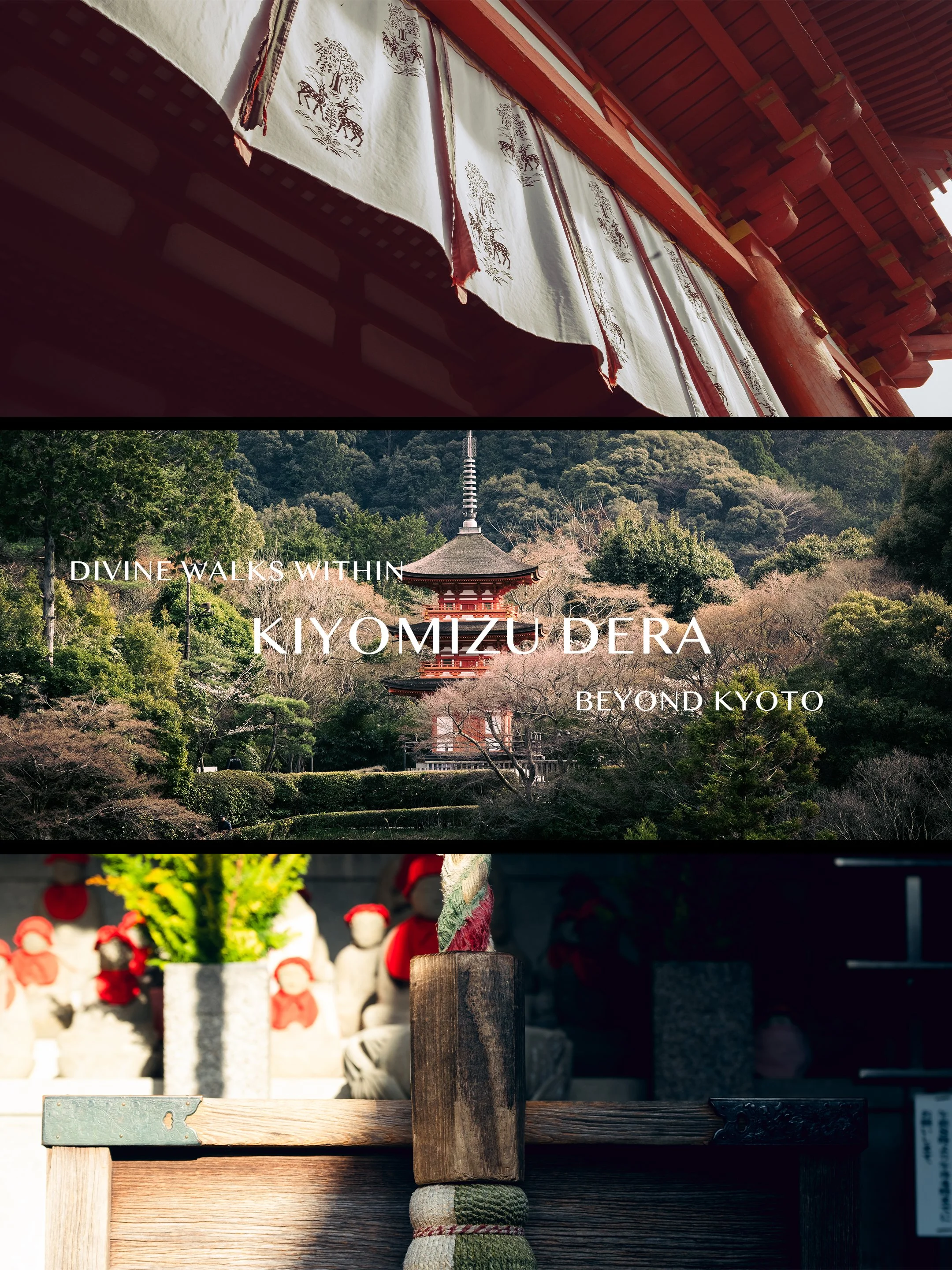 The image features three sections. The top shows a threadbare, decorative curtain with traditional motifs hanging from an orange-beamed structure. The middle section displays a scenic view of a temple or pagoda surrounded by lush trees, with the text