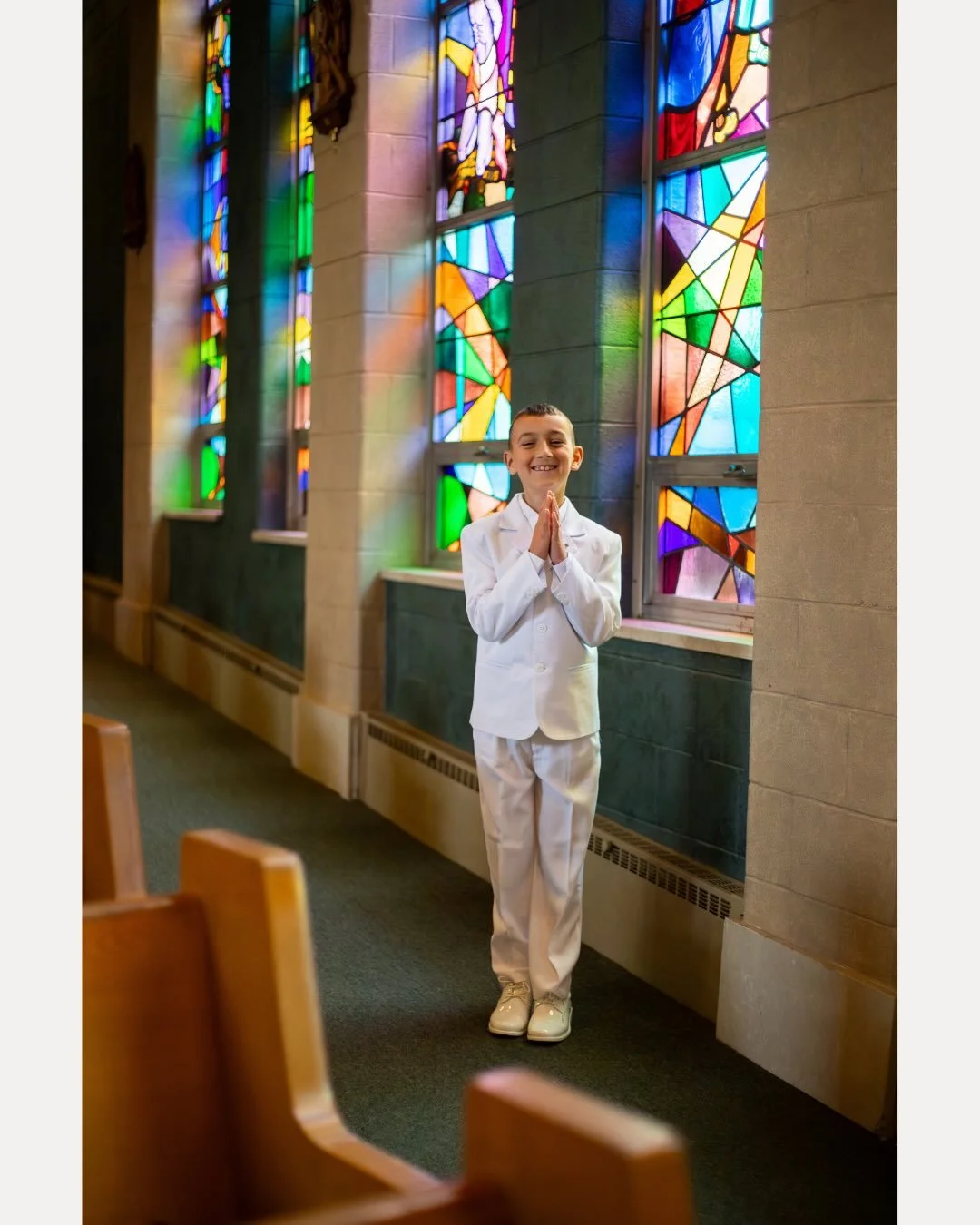 It was my son&rsquo;s First Communion as well and he was a perfect angel letting me take pictures after Mass. I couldn&rsquo;t resist the stained glass 😇😍