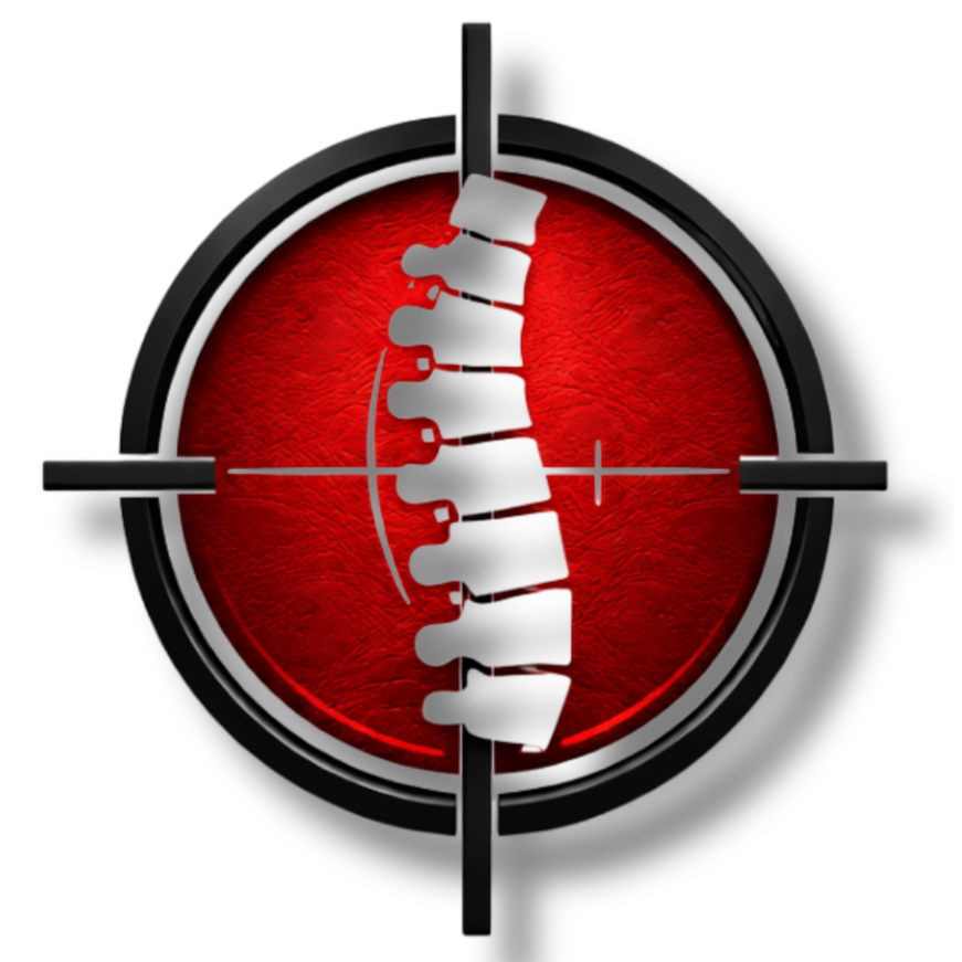 A close-up digital illustration of a weapon scope targeting a cracked human spinal column against a red textured background.
