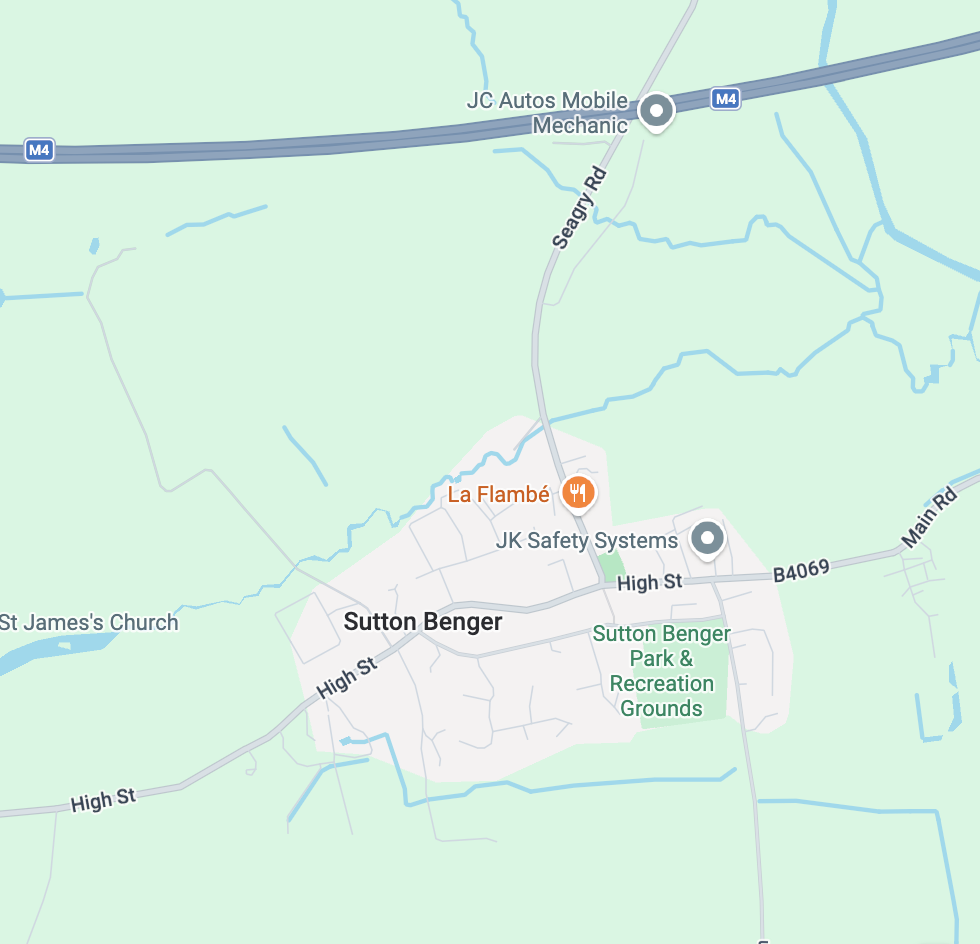 Map of Sutton Benger showing roads, local landmarks, and businesses including JC Autos Mobile Mechanic, La Flambé restaurant, JK Safety Systems, and Sutton Benger Park & Recreation Grounds.