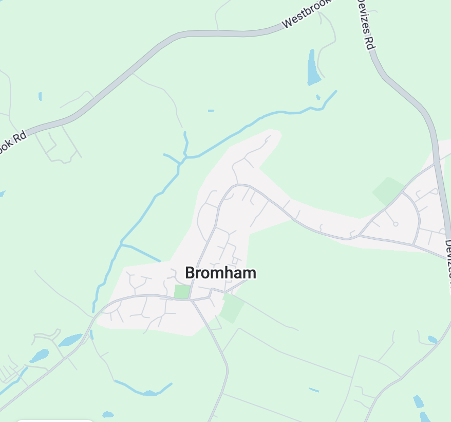Map showing the village of Bromham with surrounding roads, waterways, and green areas.