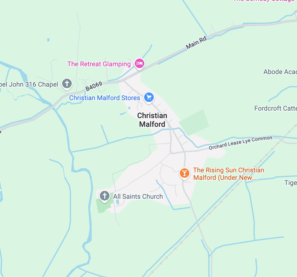 Map of Christian Malford, showing landmarks like The Retreat Glamping, Christian Malford Stores, All Saints Church, and The Rising Sun Christian Malford.