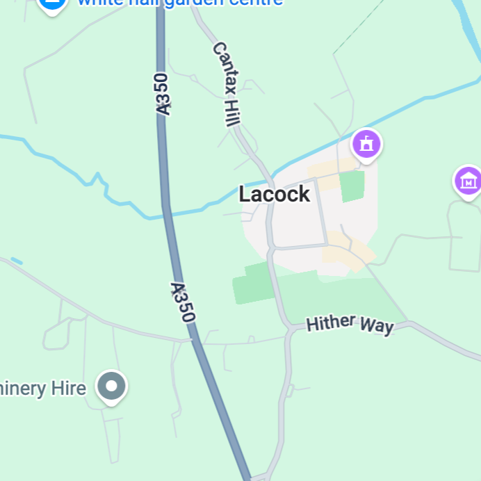 Map showing the town of Lacock along with nearby roads A350, Canalx Hill, and Hither Way.