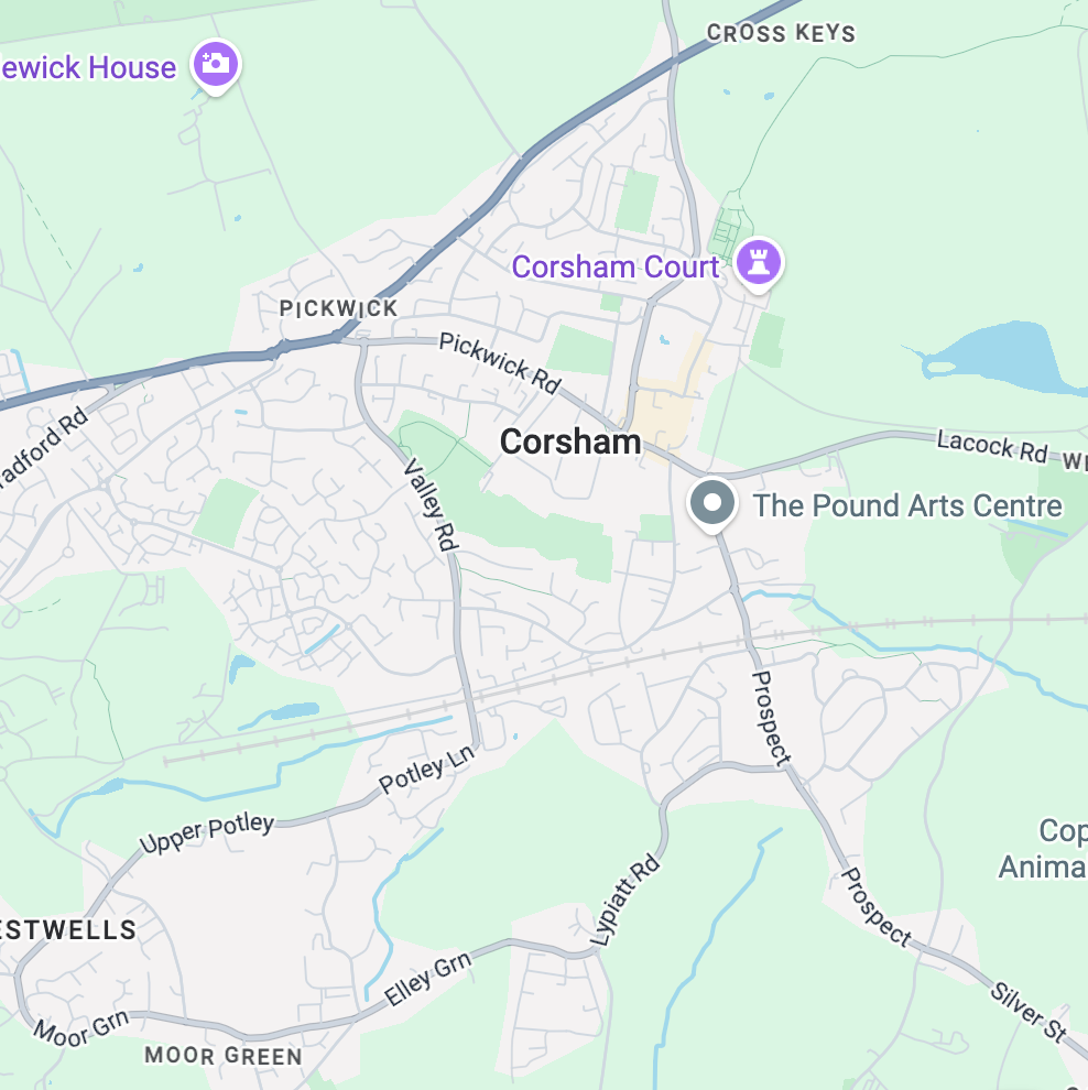 Map of Corsham, showing streets, landmarks, and surrounding areas.