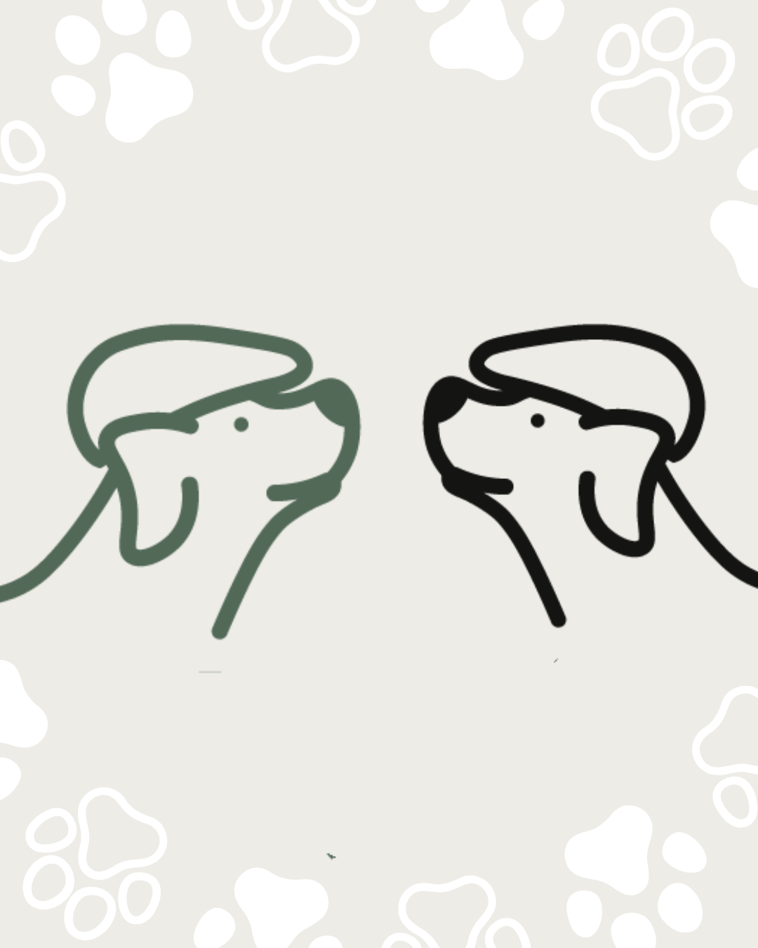Minimalist line drawing of two dogs facing each other, one in green and one in black, with paw print patterns in the background.